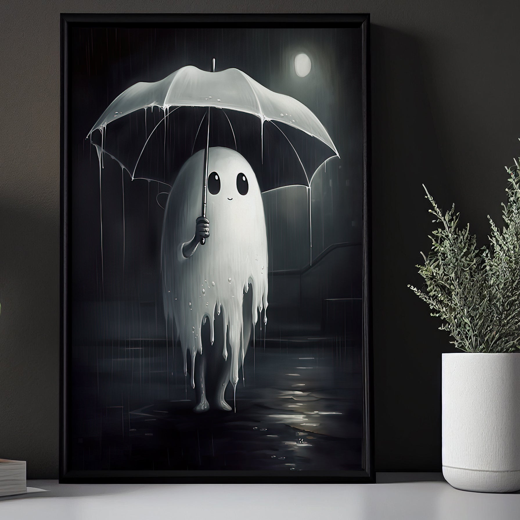 画材 AirMacgucci ghost Its Rainning Good Cute Ghost Kid In Rain Dark Halloween Canvas Painting, Wall Art