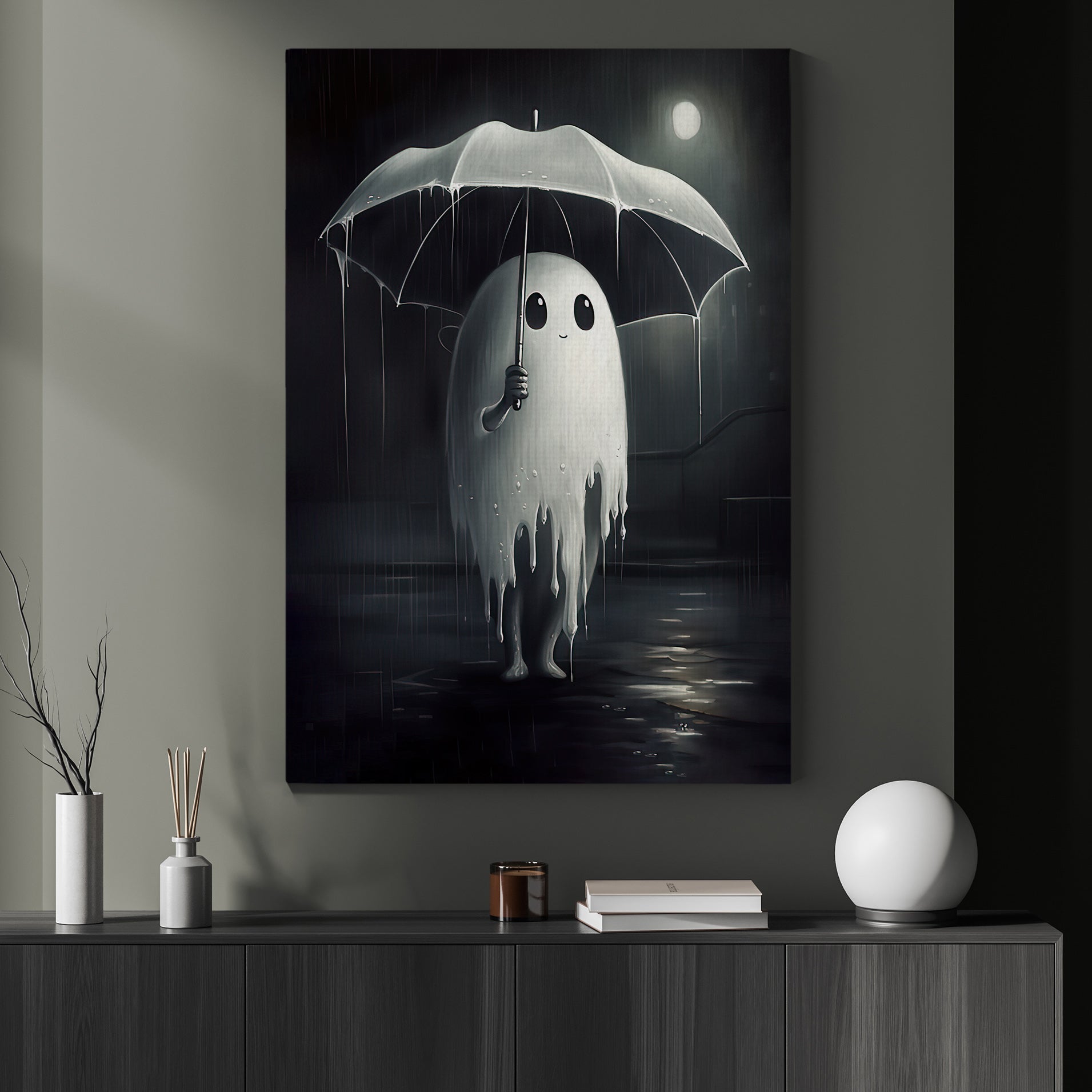 画材 AirMacgucci ghost Its Rainning Good Cute Ghost Kid In Rain Dark Halloween Canvas Painting, Wall Art