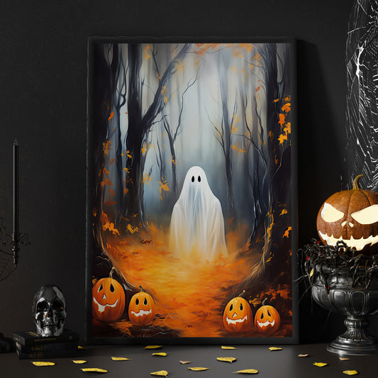 The Ghost In Pumpkin Garden Halloween Canvas Painting, Wall Art Decor - Dark Ghost Halloween Poster Gift