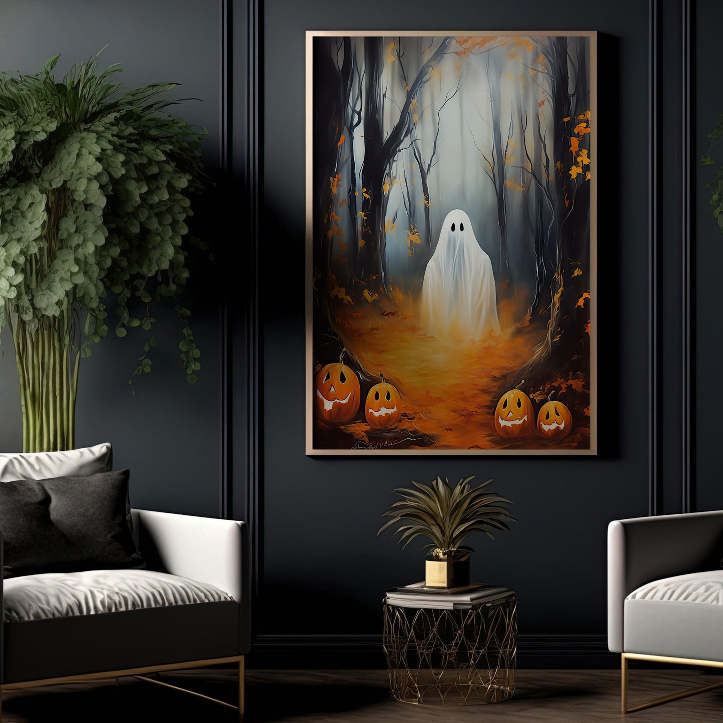 The Ghost In Pumpkin Garden Halloween Canvas Painting, Wall Art Decor - Dark Ghost Halloween Poster Gift