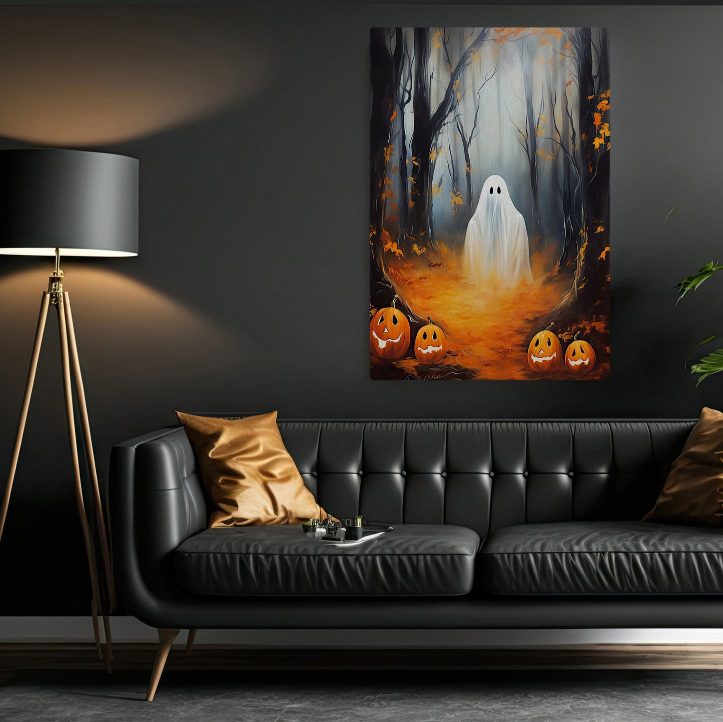 The Ghost In Pumpkin Garden Halloween Canvas Painting, Wall Art Decor - Dark Ghost Halloween Poster Gift