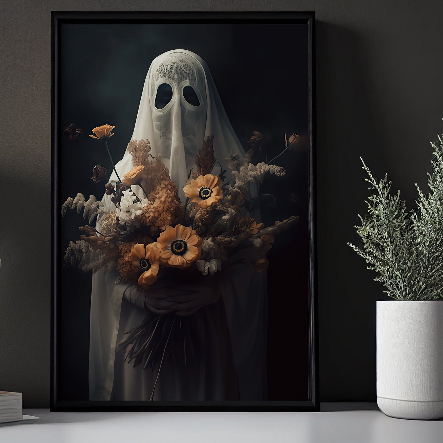 The Ghost Brings Wild Flowers Spooky Halloween Canvas Painting, Wall Art Decor - Dark Ghost Halloween Poster Gift