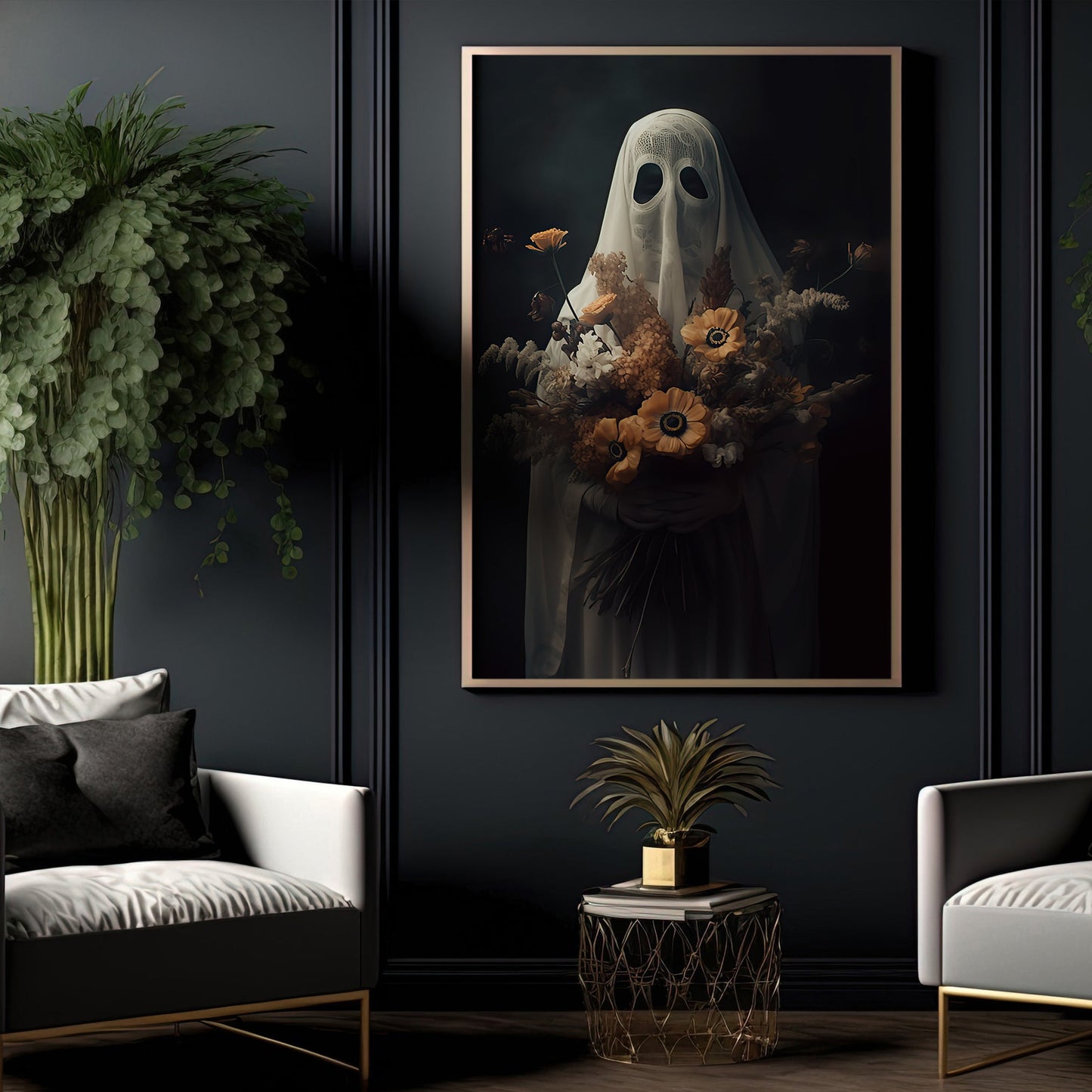 The Ghost Brings Wild Flowers Spooky Halloween Canvas Painting, Wall Art Decor - Dark Ghost Halloween Poster Gift