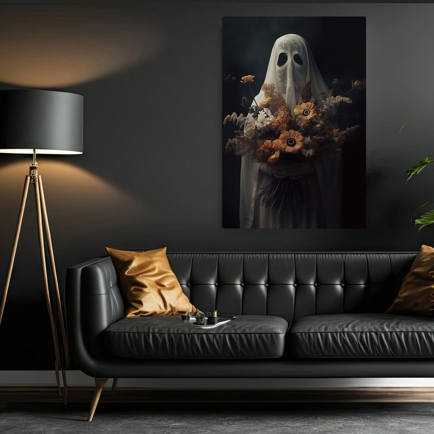 The Ghost Brings Wild Flowers Spooky Halloween Canvas Painting, Wall Art Decor - Dark Ghost Halloween Poster Gift