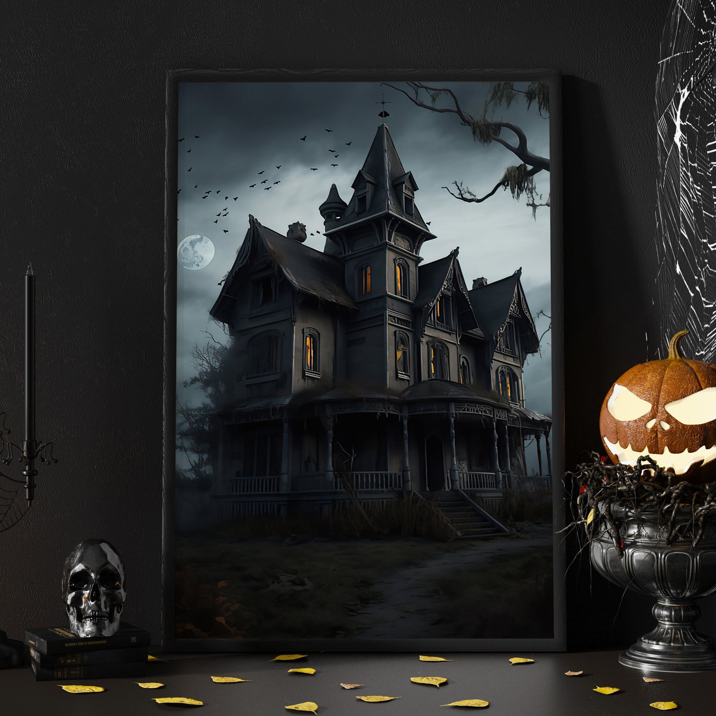 Haunted House Halloween Canvas Painting, Wall Art Decor - Horror Spooky House Halloween Poster Gift