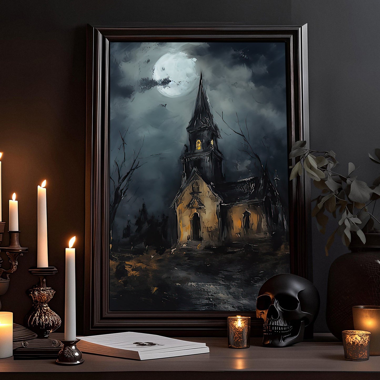 The Spooky House At Night Halloween Canvas Painting, Wall Art Decor - Horror Haunting House Halloween Poster Gift