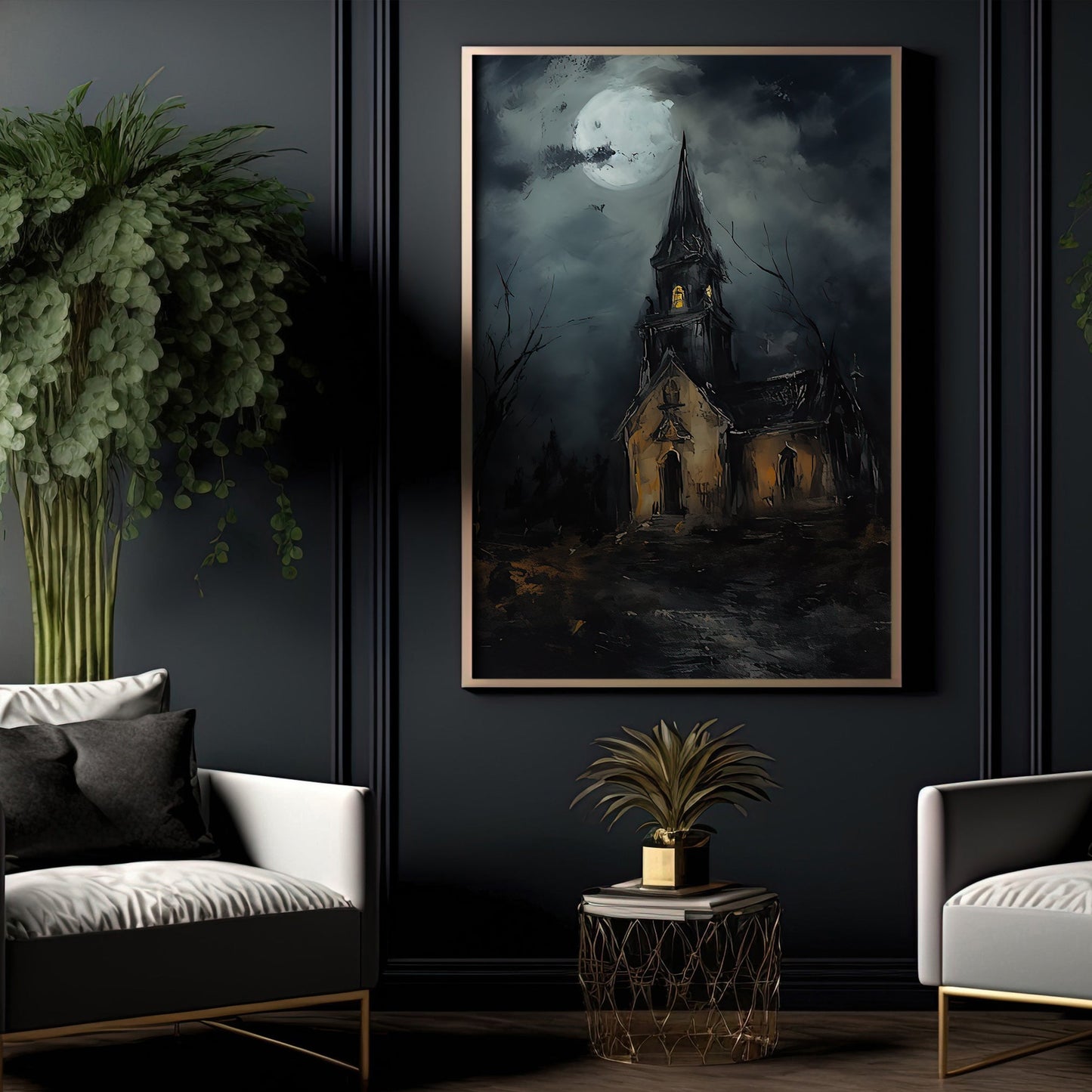 The Spooky House At Night Halloween Canvas Painting, Wall Art Decor - Horror Haunting House Halloween Poster Gift