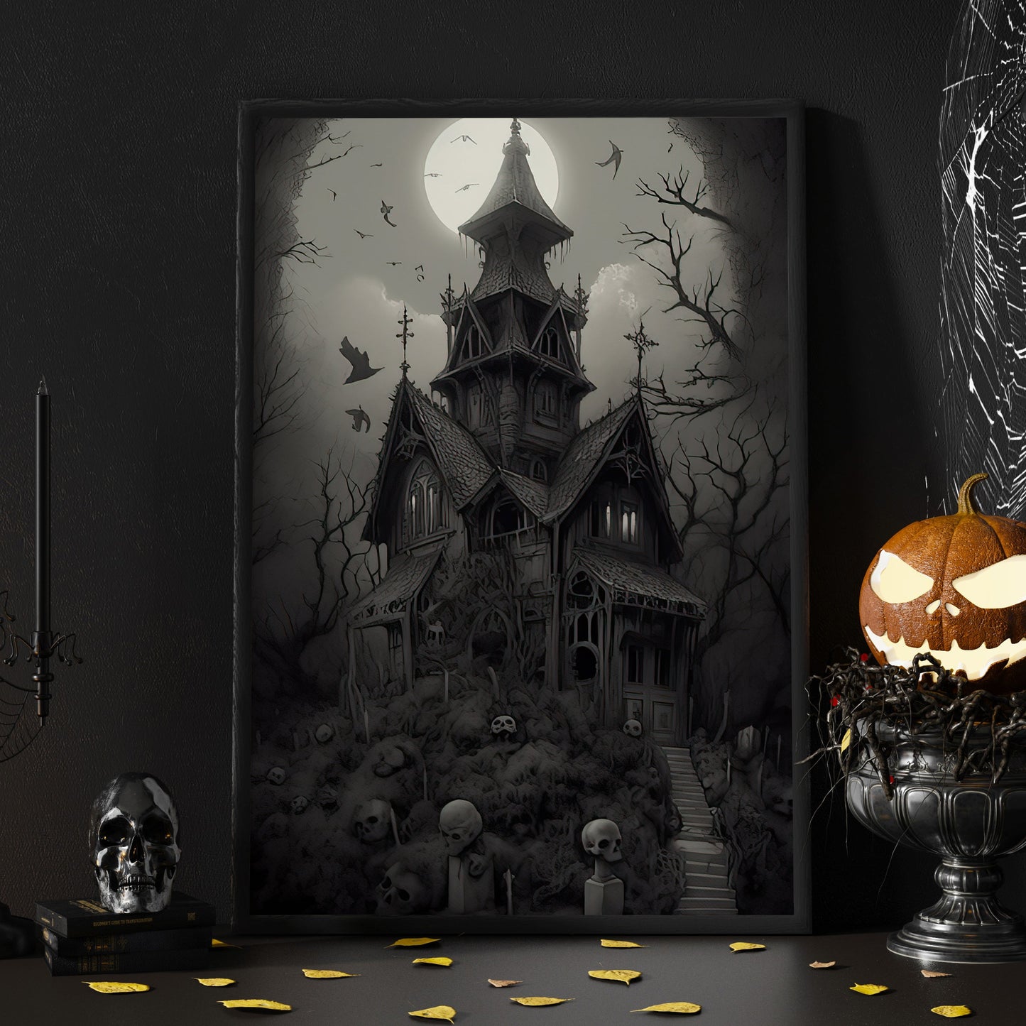 The Witchy House Dark Surreal Halloween Canvas Painting, Wall Art Decor - Horror Haunting House Halloween Poster Gift