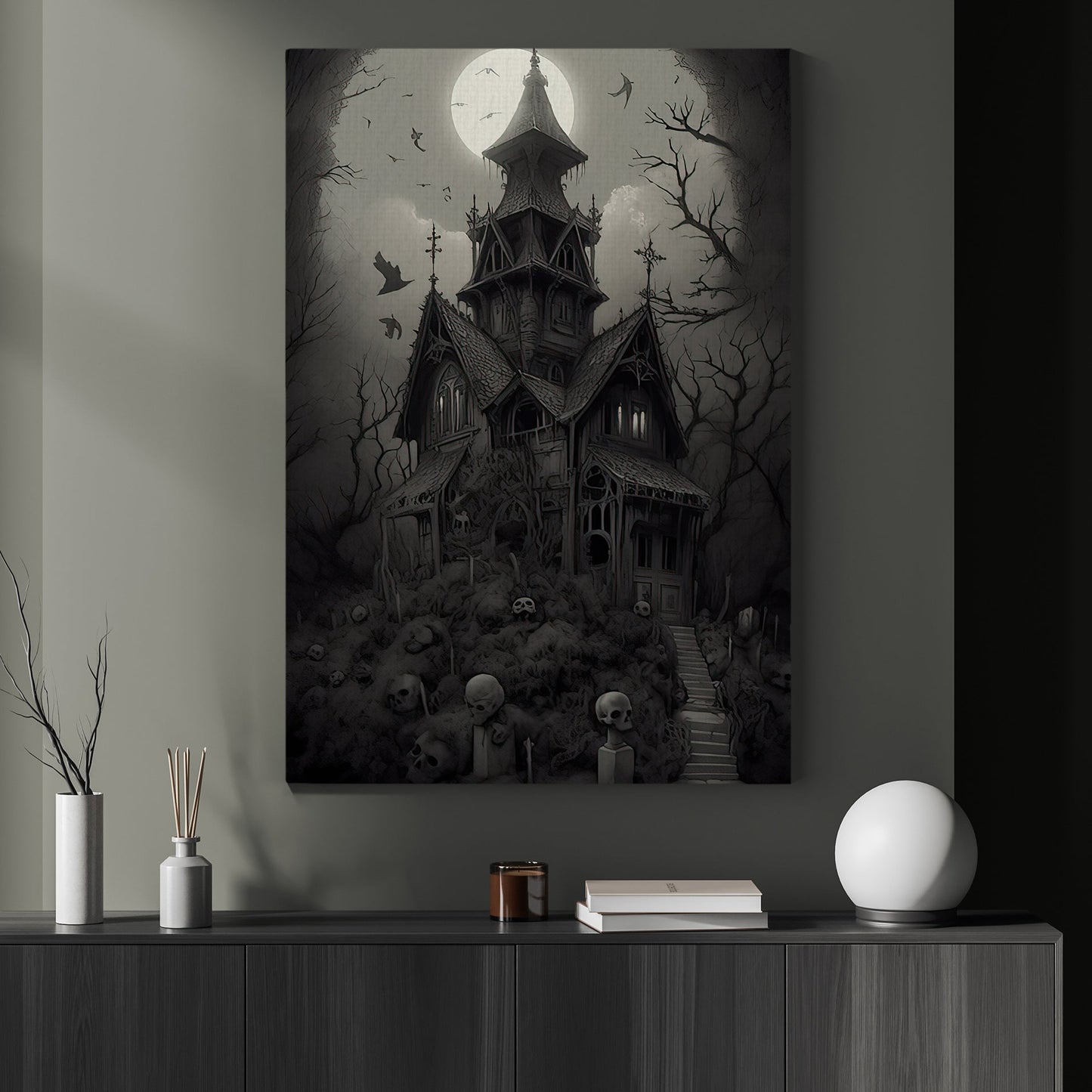 The Witchy House Dark Surreal Halloween Canvas Painting, Wall Art Decor - Horror Haunting House Halloween Poster Gift