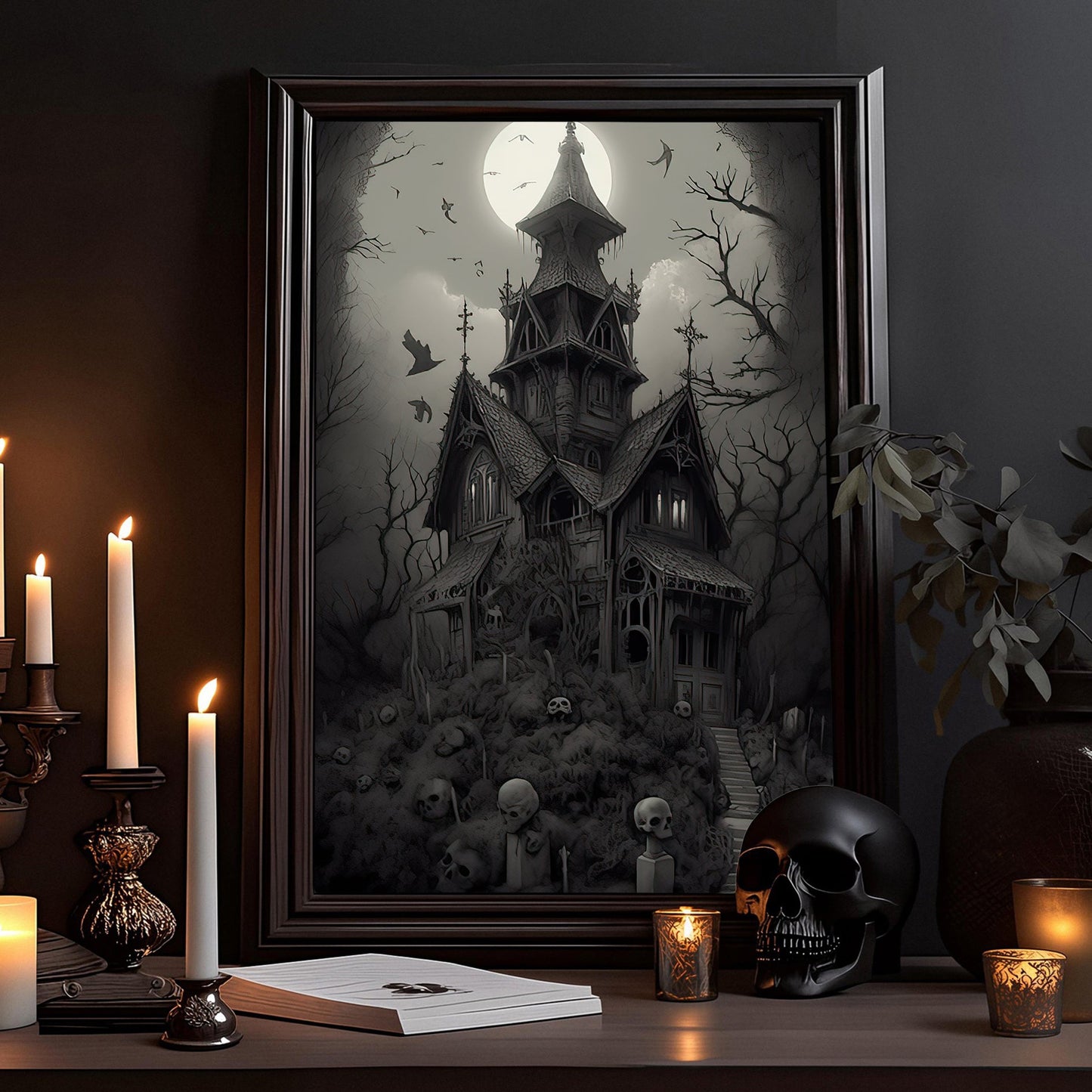 The Witchy House Dark Surreal Halloween Canvas Painting, Wall Art Decor - Horror Haunting House Halloween Poster Gift