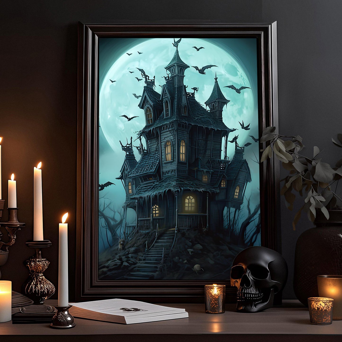 Spooky Witchy House Under Moon Dark Surreal Halloween Canvas Painting, Wall Art Decor - Horror Haunted House Halloween Poster Gift