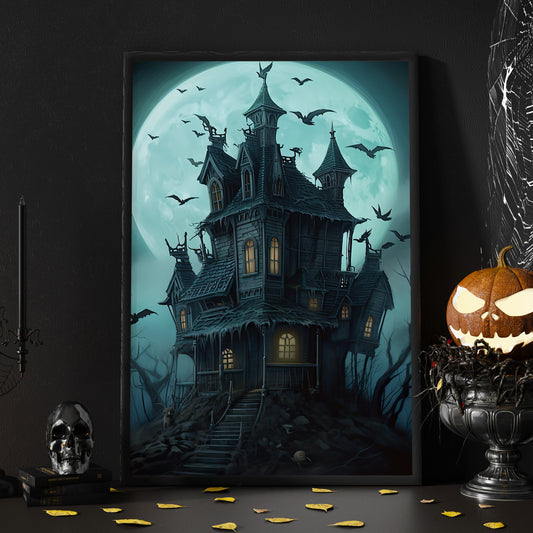 Spooky Witchy House Under Moon Dark Surreal Halloween Canvas Painting, Wall Art Decor - Horror Haunted House Halloween Poster Gift