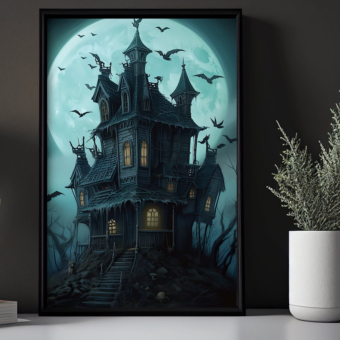 Spooky Witchy House Under Moon Dark Surreal Halloween Canvas Painting, Wall Art Decor - Horror Haunted House Halloween Poster Gift