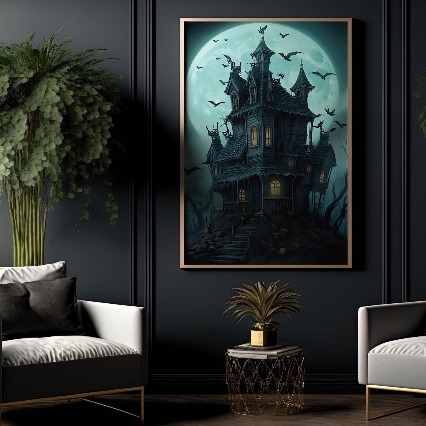 Spooky Witchy House Under Moon Dark Surreal Halloween Canvas Painting, Wall Art Decor - Horror Haunted House Halloween Poster Gift