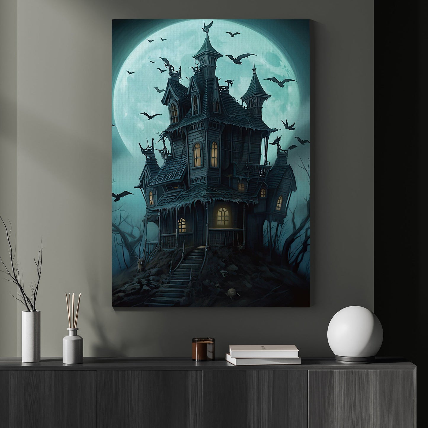 Spooky Witchy House Under Moon Dark Surreal Halloween Canvas Painting, Wall Art Decor - Horror Haunted House Halloween Poster Gift