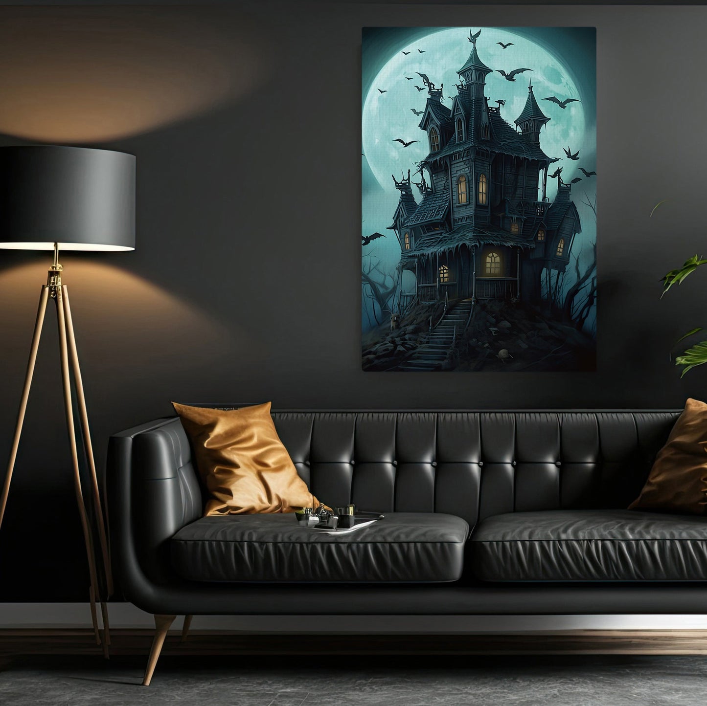 Spooky Witchy House Under Moon Dark Surreal Halloween Canvas Painting, Wall Art Decor - Horror Haunted House Halloween Poster Gift