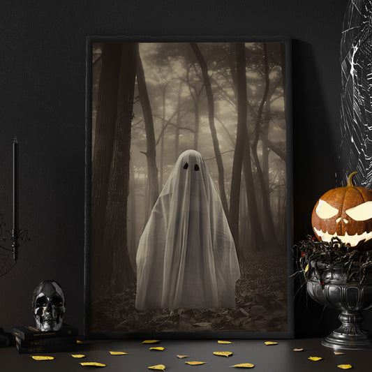 The Ghost In The Dark Forest Halloween Canvas Painting, Wall Art Decor - Dark Ghost Halloween Poster Gift