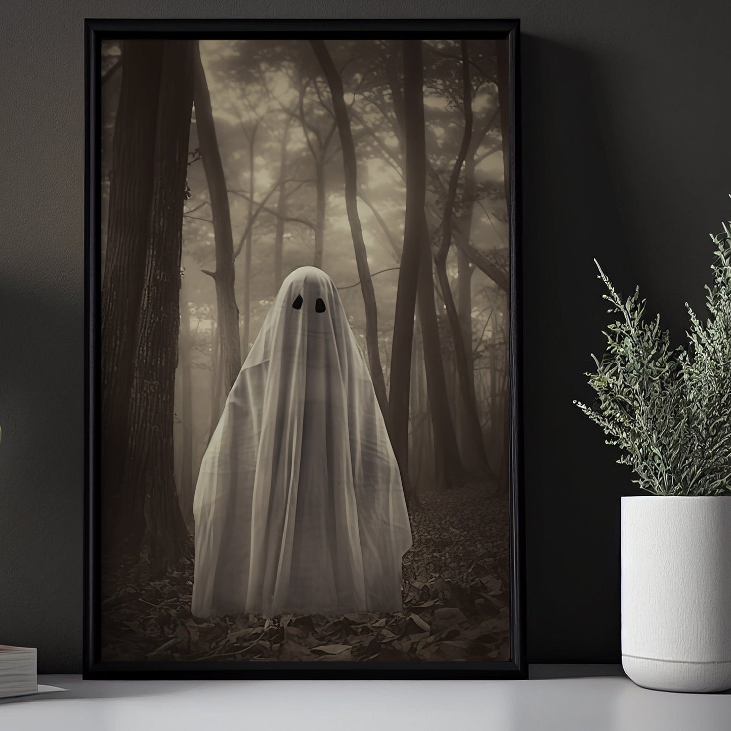 The Ghost In The Dark Forest Halloween Canvas Painting, Wall Art Decor - Dark Ghost Halloween Poster Gift