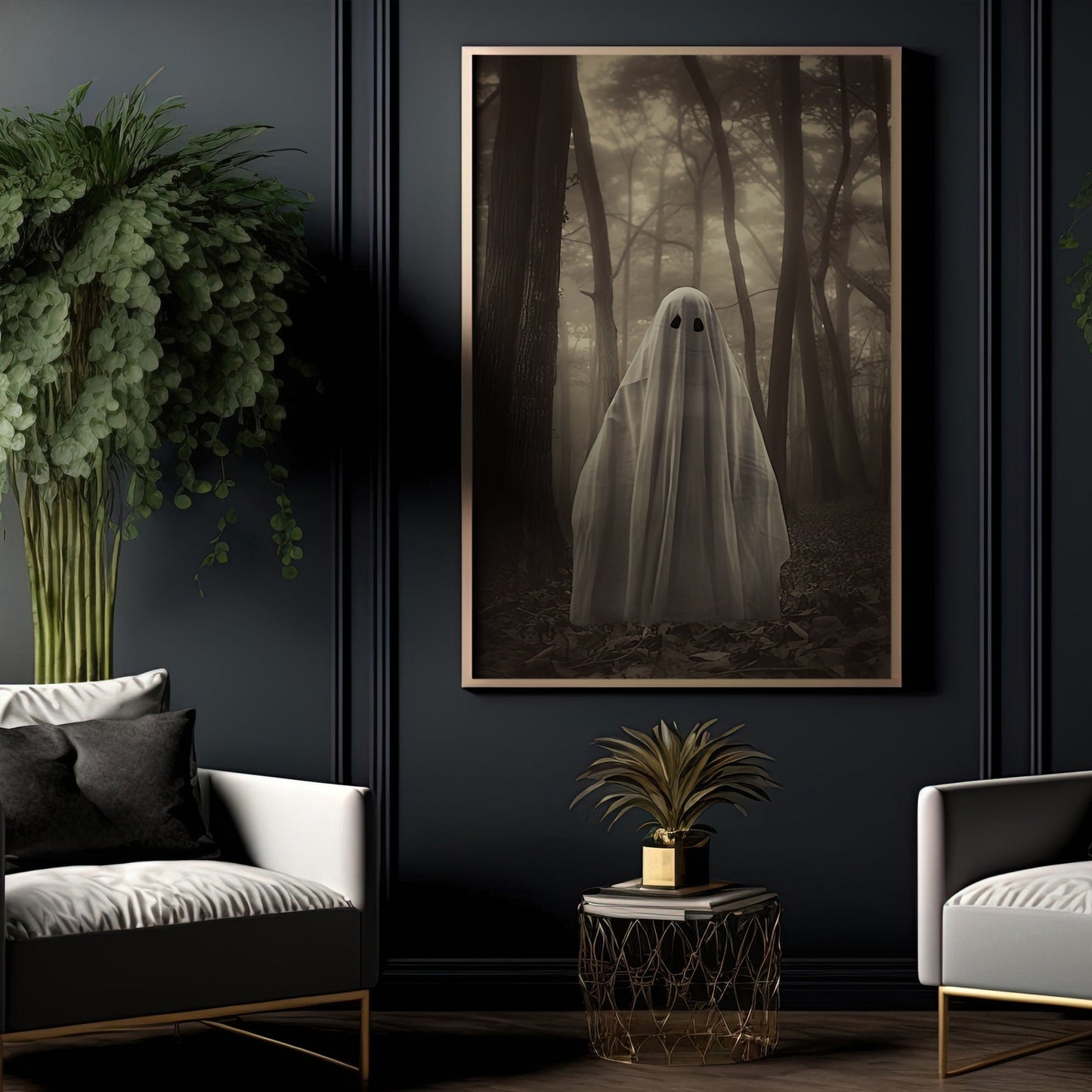 The Ghost In The Dark Forest Halloween Canvas Painting, Wall Art Decor - Dark Ghost Halloween Poster Gift