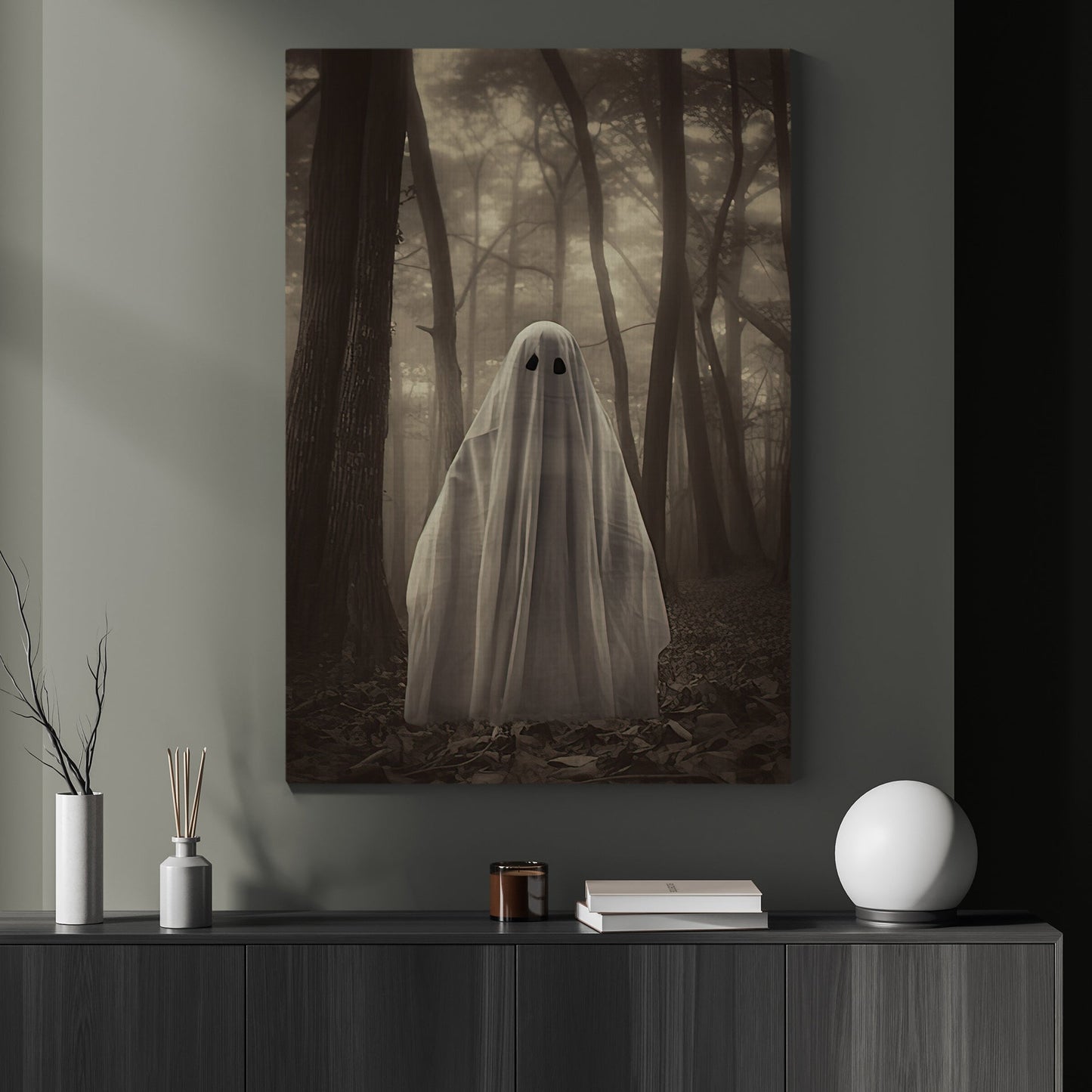 The Ghost In The Dark Forest Halloween Canvas Painting, Wall Art Decor - Dark Ghost Halloween Poster Gift