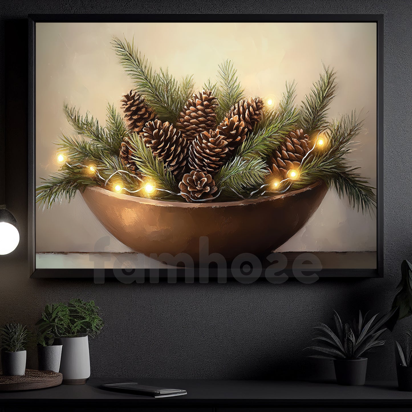 Rustic Christmas Pinecone Canvas Painting, Pine Cones In Bowl Wall Art Decor, Xmas Poster Gift For Pinecone Lovers