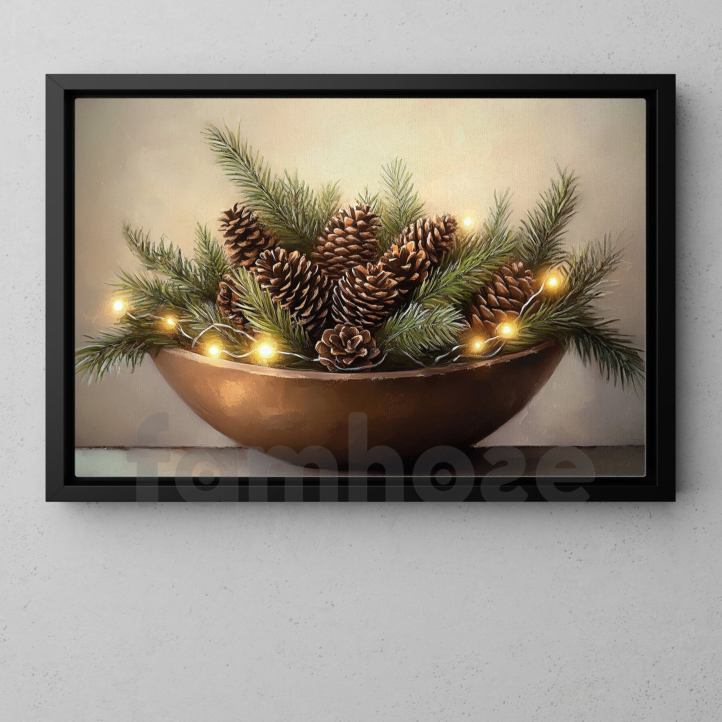 Rustic Christmas Pinecone Canvas Painting, Pine Cones In Bowl Wall Art Decor, Xmas Poster Gift For Pinecone Lovers