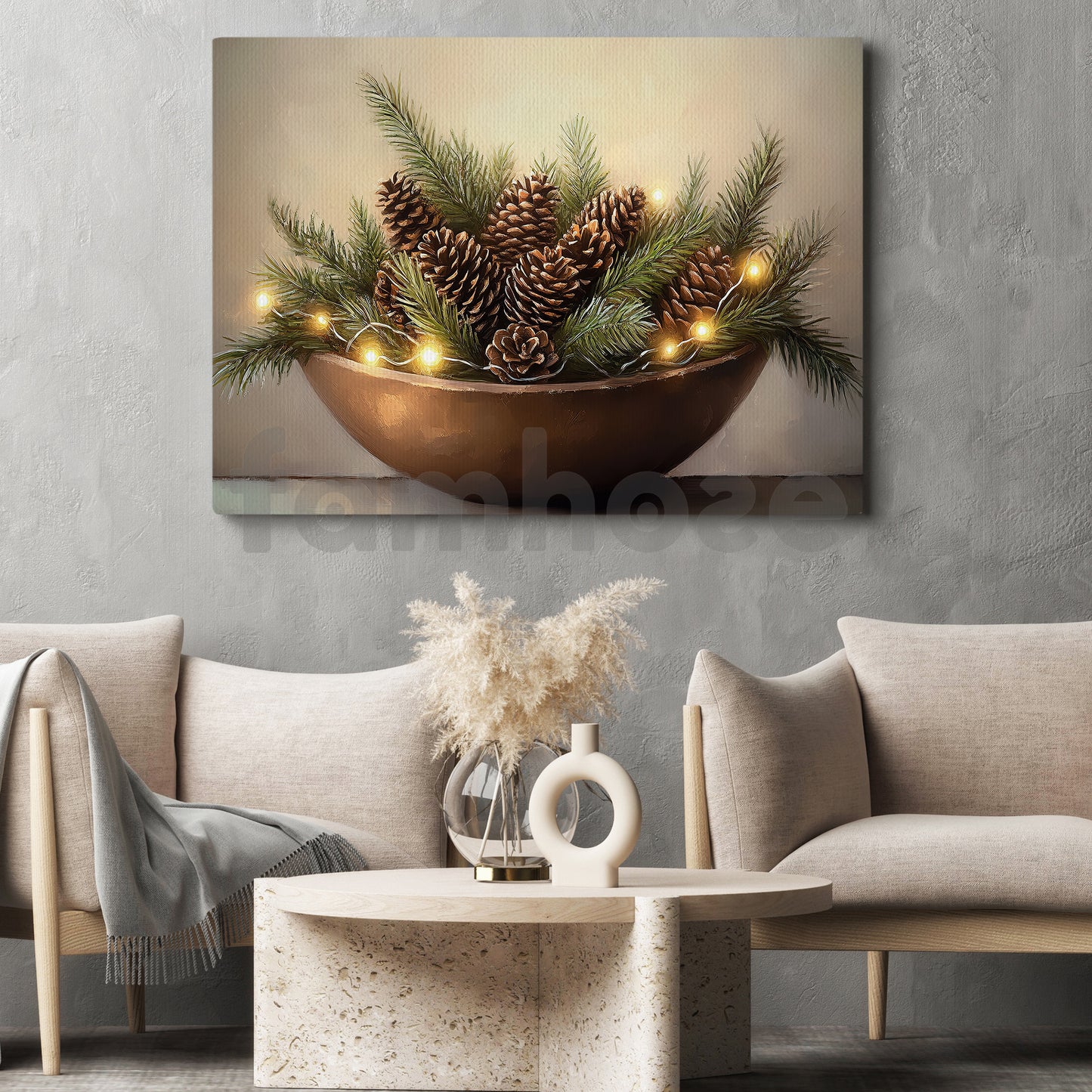 Rustic Christmas Pinecone Canvas Painting, Pine Cones In Bowl Wall Art Decor, Xmas Poster Gift For Pinecone Lovers