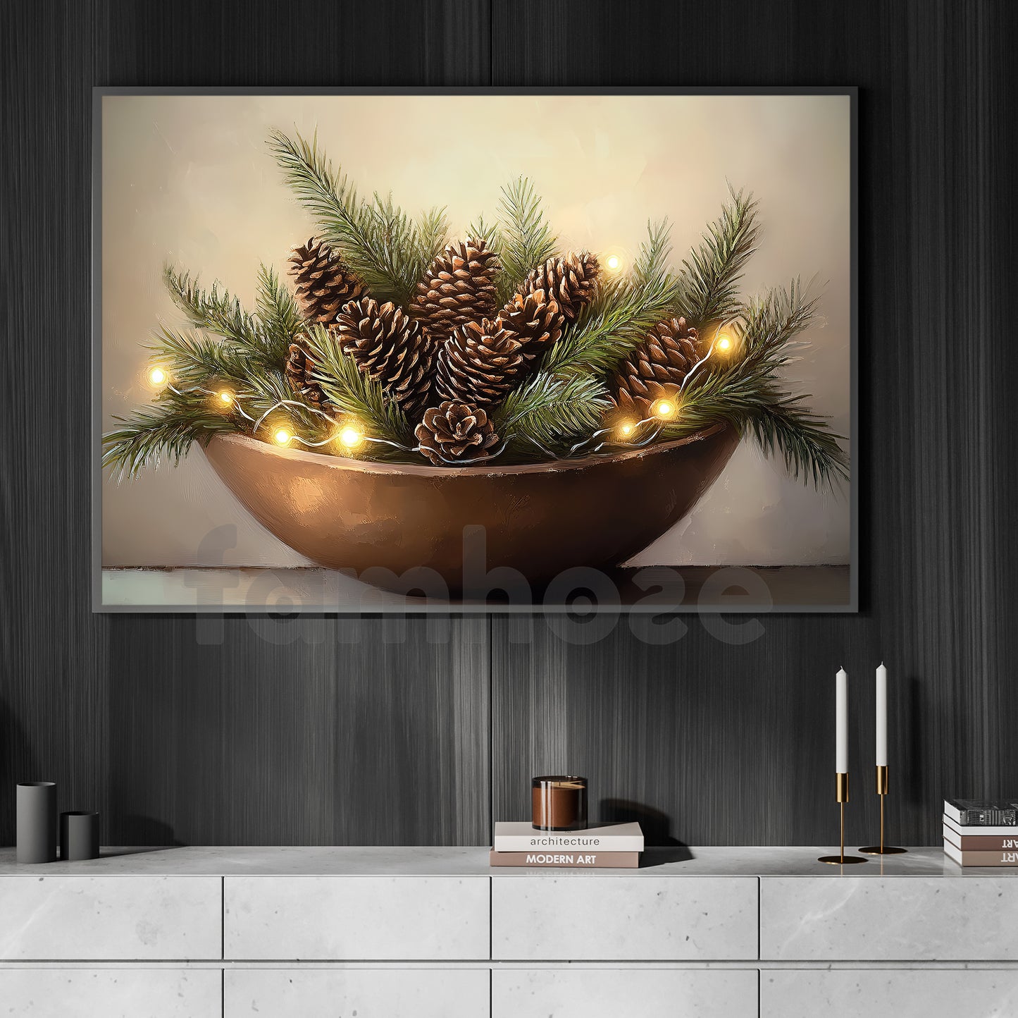 Rustic Christmas Pinecone Canvas Painting, Pine Cones In Bowl Wall Art Decor, Xmas Poster Gift For Pinecone Lovers