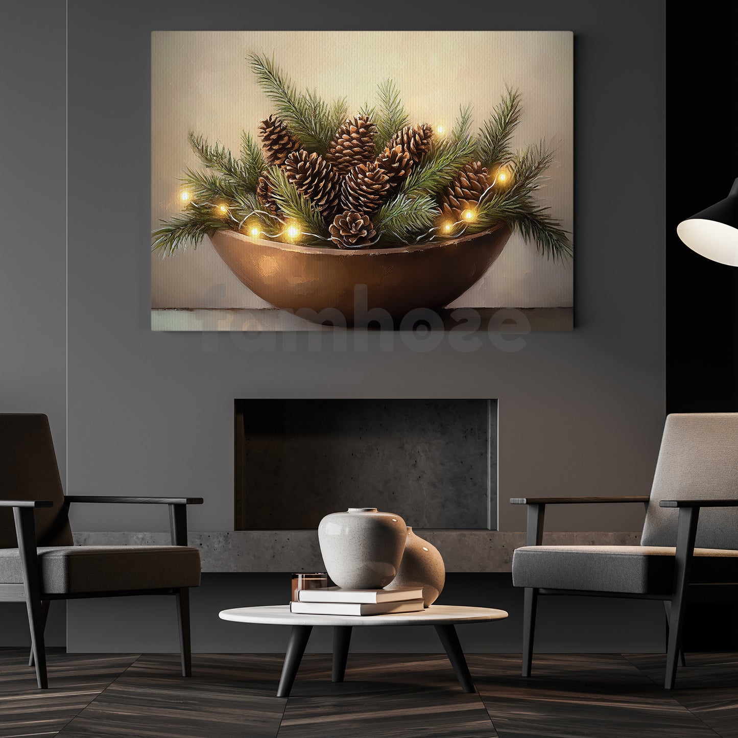 Rustic Christmas Pinecone Canvas Painting, Pine Cones In Bowl Wall Art Decor, Xmas Poster Gift For Pinecone Lovers