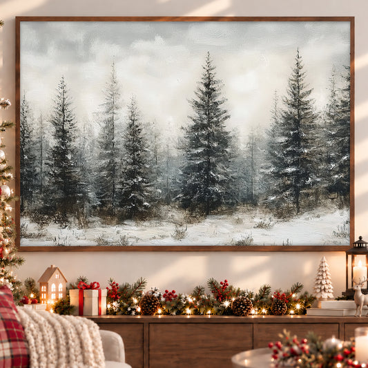 Christmas Canvas Painting, Pine Trees In The Snow Winter Wall Art Decor, Xmas Poster Gift