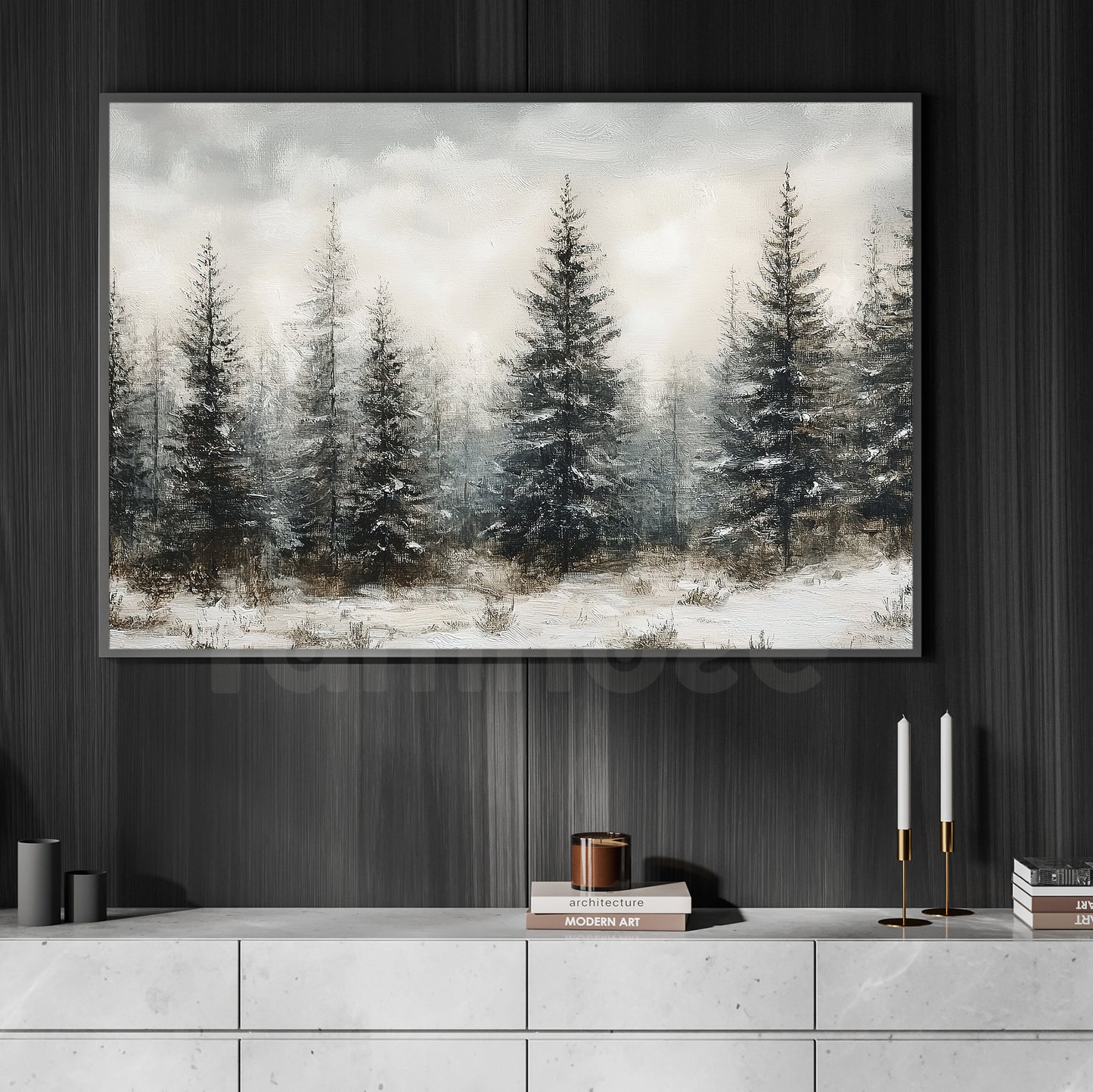 Christmas Canvas Painting, Pine Trees In The Snow Winter Wall Art Decor, Xmas Poster Gift