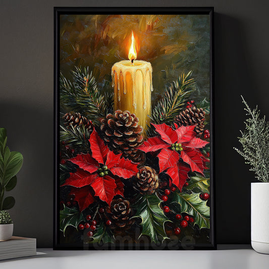 Vintage Christmas Candle Canvas Painting, Candle And Pine Cones Winter Wall Art Decor, Xmas Poster Gift For Pine Cones Lovers