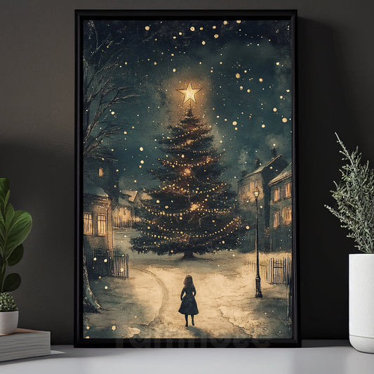 Vintage Christmas Tree Canvas Painting, Silent Night, Bright Lights Winter Wall Art Decor, Xmas Poster Gift