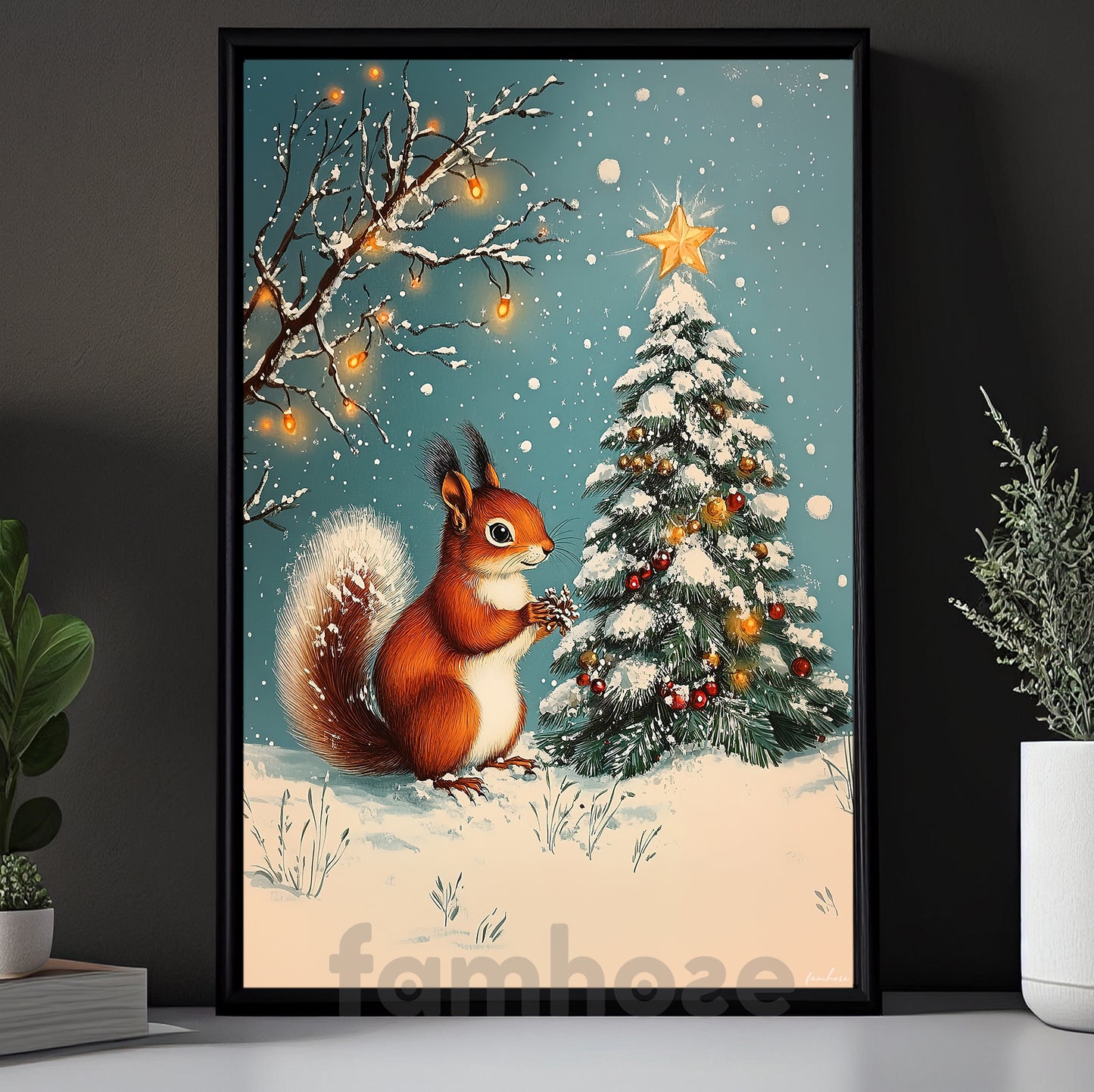 Christmas Squirrel Canvas Painting, Squirrel Decorating Snowy Christmas Tree Wall Art Decor, Xmas Poster Gift For Squirrel Lovers