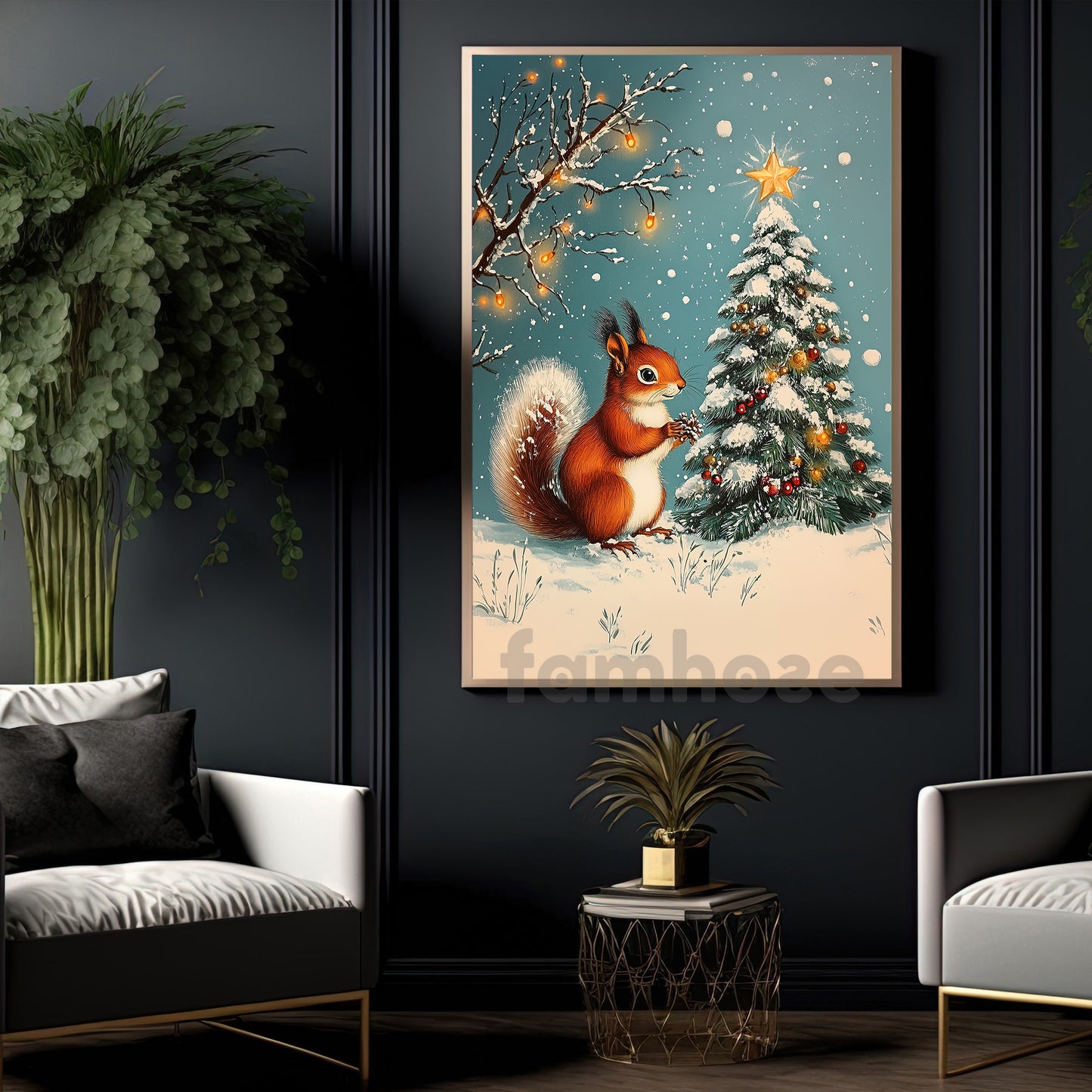 Christmas Squirrel Canvas Painting, Squirrel Decorating Snowy Christmas Tree Wall Art Decor, Xmas Poster Gift For Squirrel Lovers