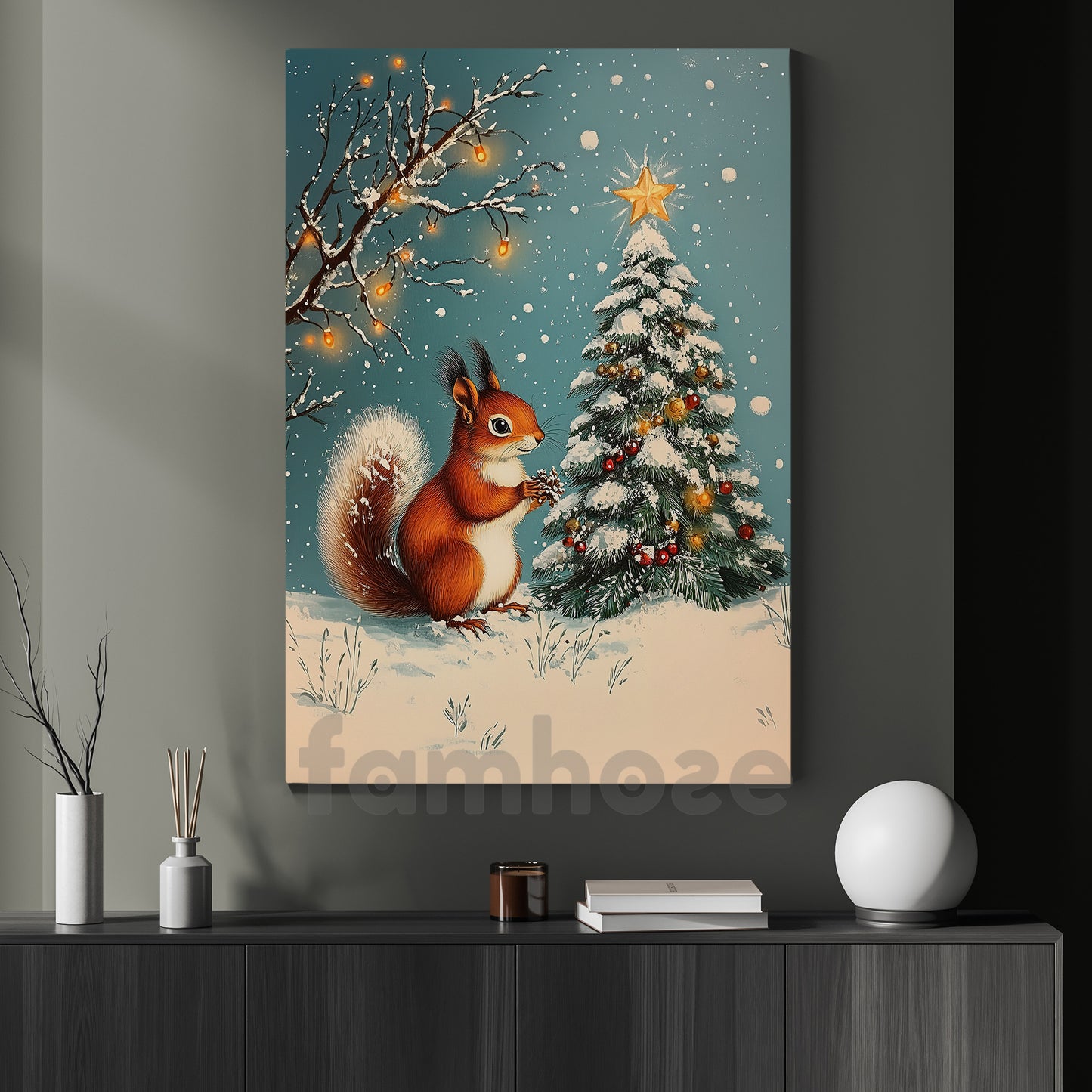 Christmas Squirrel Canvas Painting, Squirrel Decorating Snowy Christmas Tree Wall Art Decor, Xmas Poster Gift For Squirrel Lovers