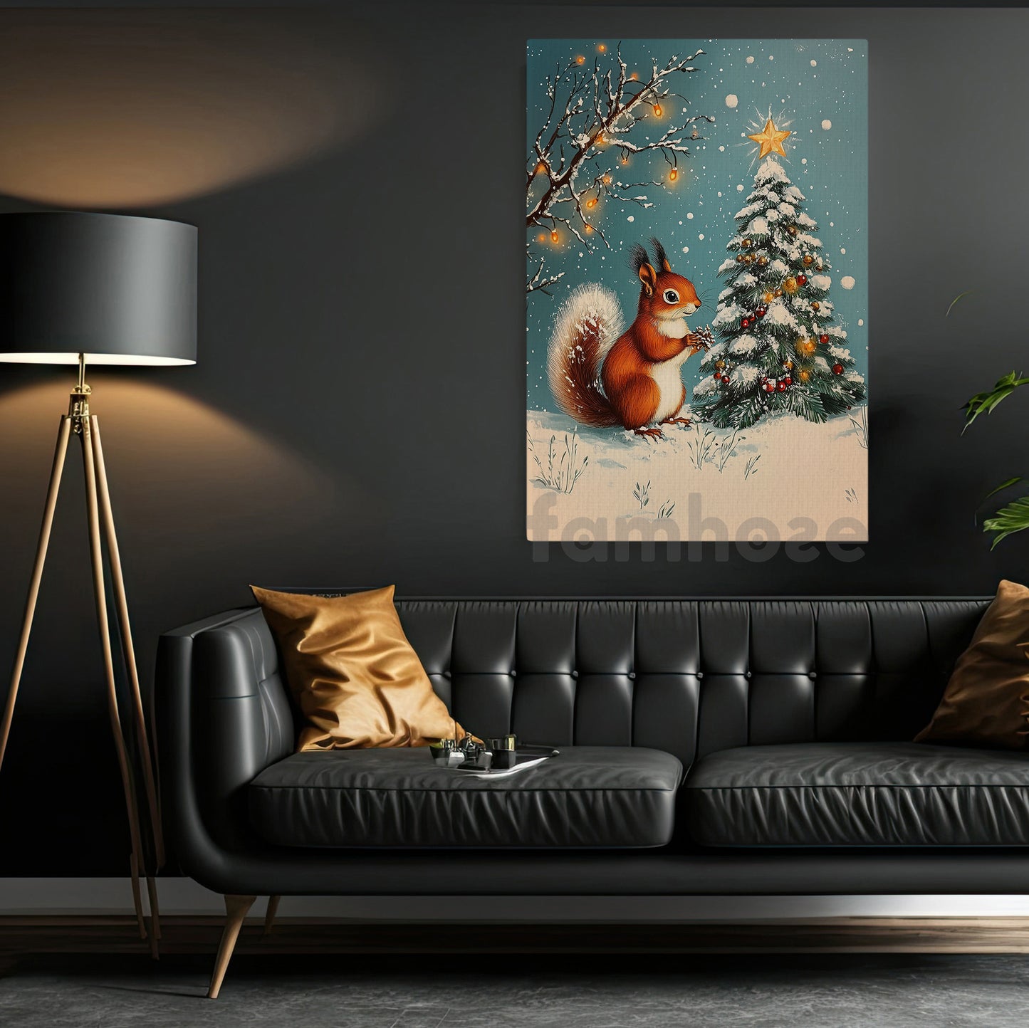 Christmas Squirrel Canvas Painting, Squirrel Decorating Snowy Christmas Tree Wall Art Decor, Xmas Poster Gift For Squirrel Lovers