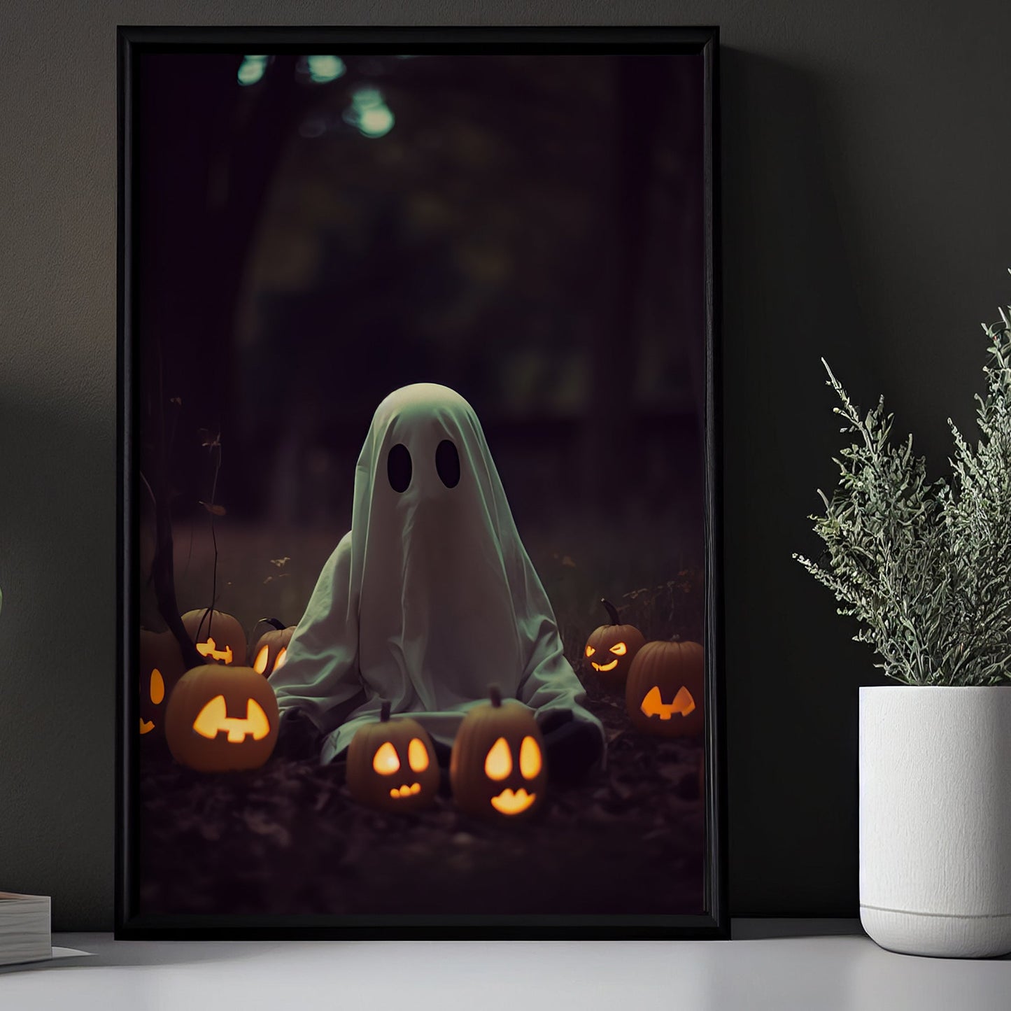 Baby Ghost Twilight Halloween Canvas Painting, Wall Art Decor - Dark Ghost Pumpkin Halloween Poster Gift