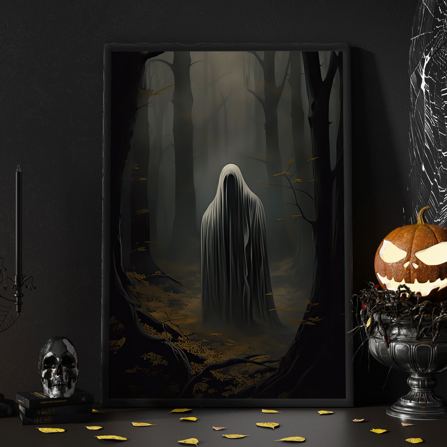 Baby Ghost In Dark Forest Halloween Canvas Painting, Wall Art Decor - Dark Ghost Halloween Poster Gift