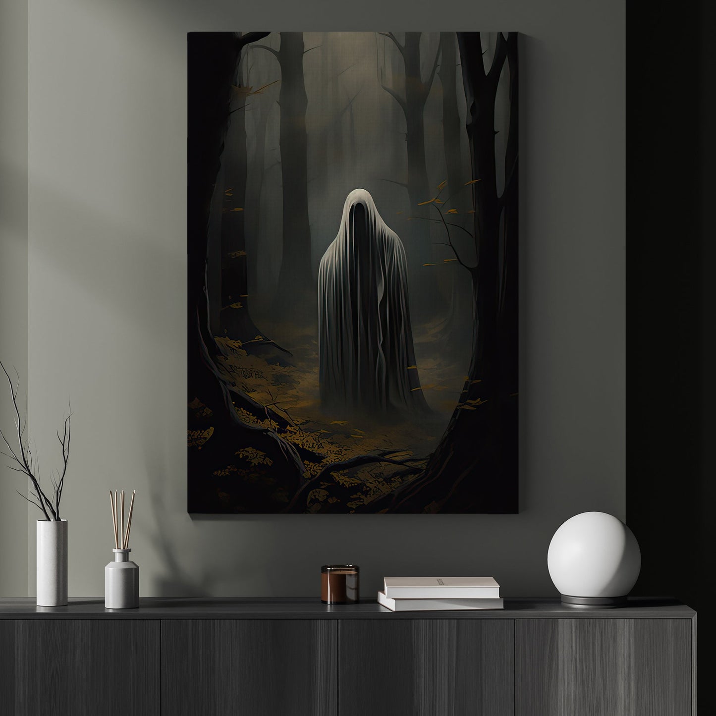 Baby Ghost In Dark Forest Halloween Canvas Painting, Wall Art Decor - Dark Ghost Halloween Poster Gift