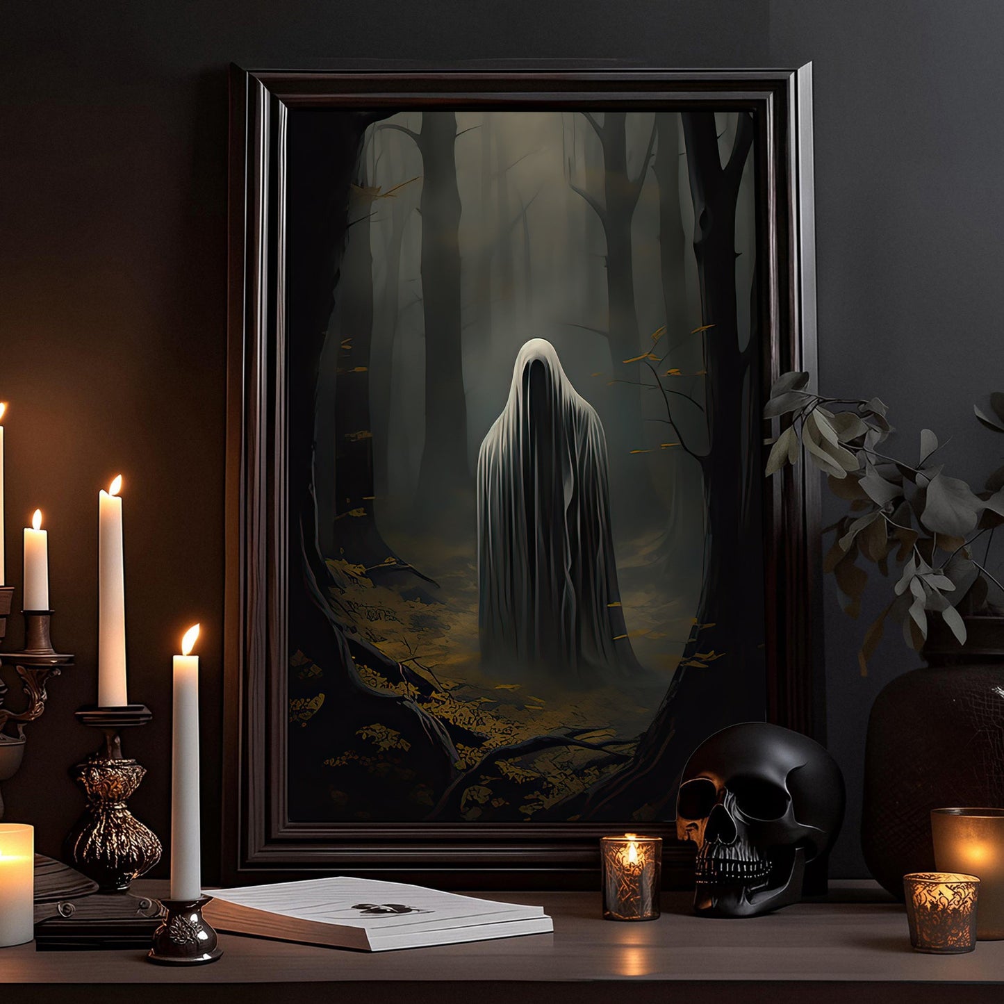 Baby Ghost In Dark Forest Halloween Canvas Painting, Wall Art Decor - Dark Ghost Halloween Poster Gift