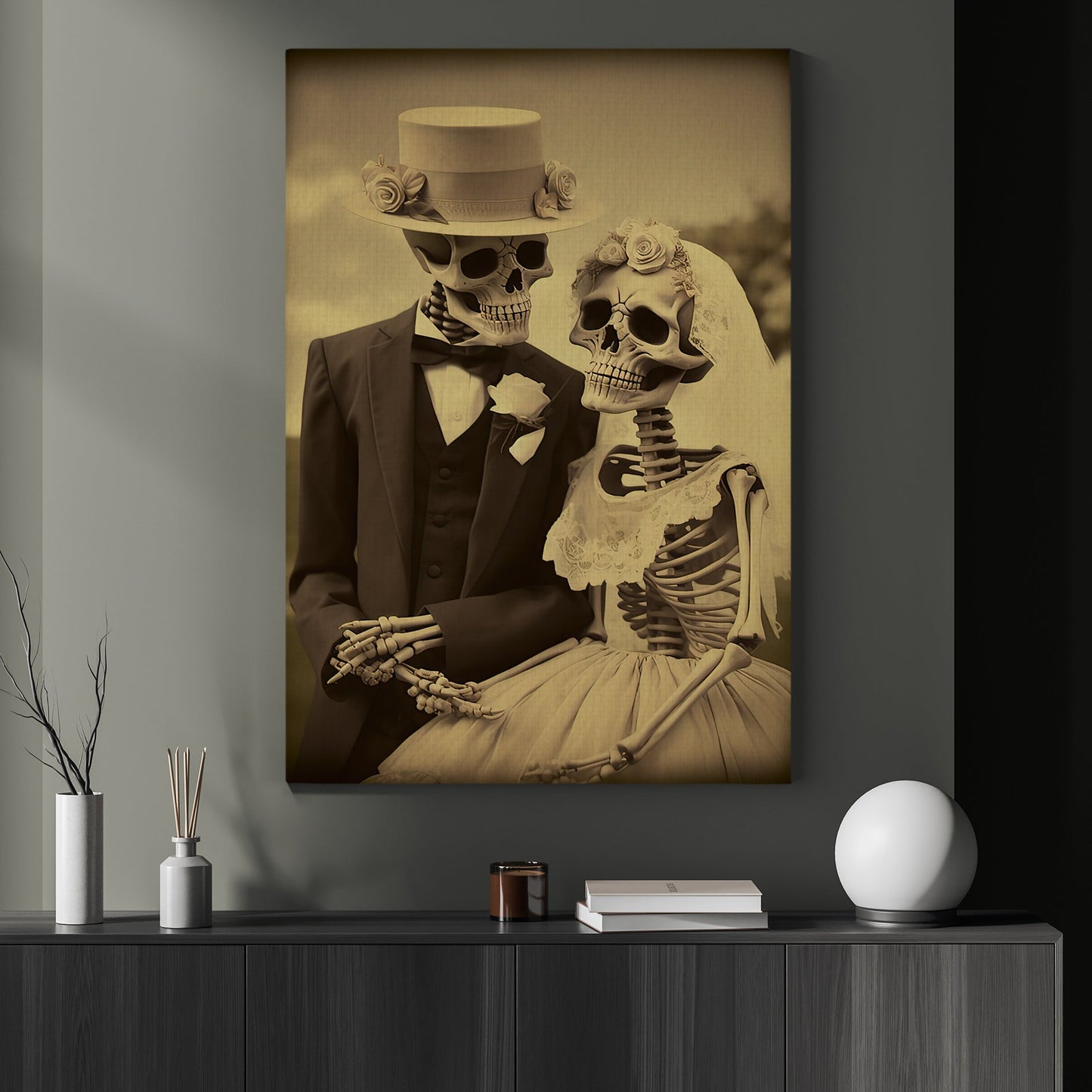 Classic Bride and Groom Skeleton, Couple Canvas Painting, Wall Art Decor - Love Skull Poster Gift