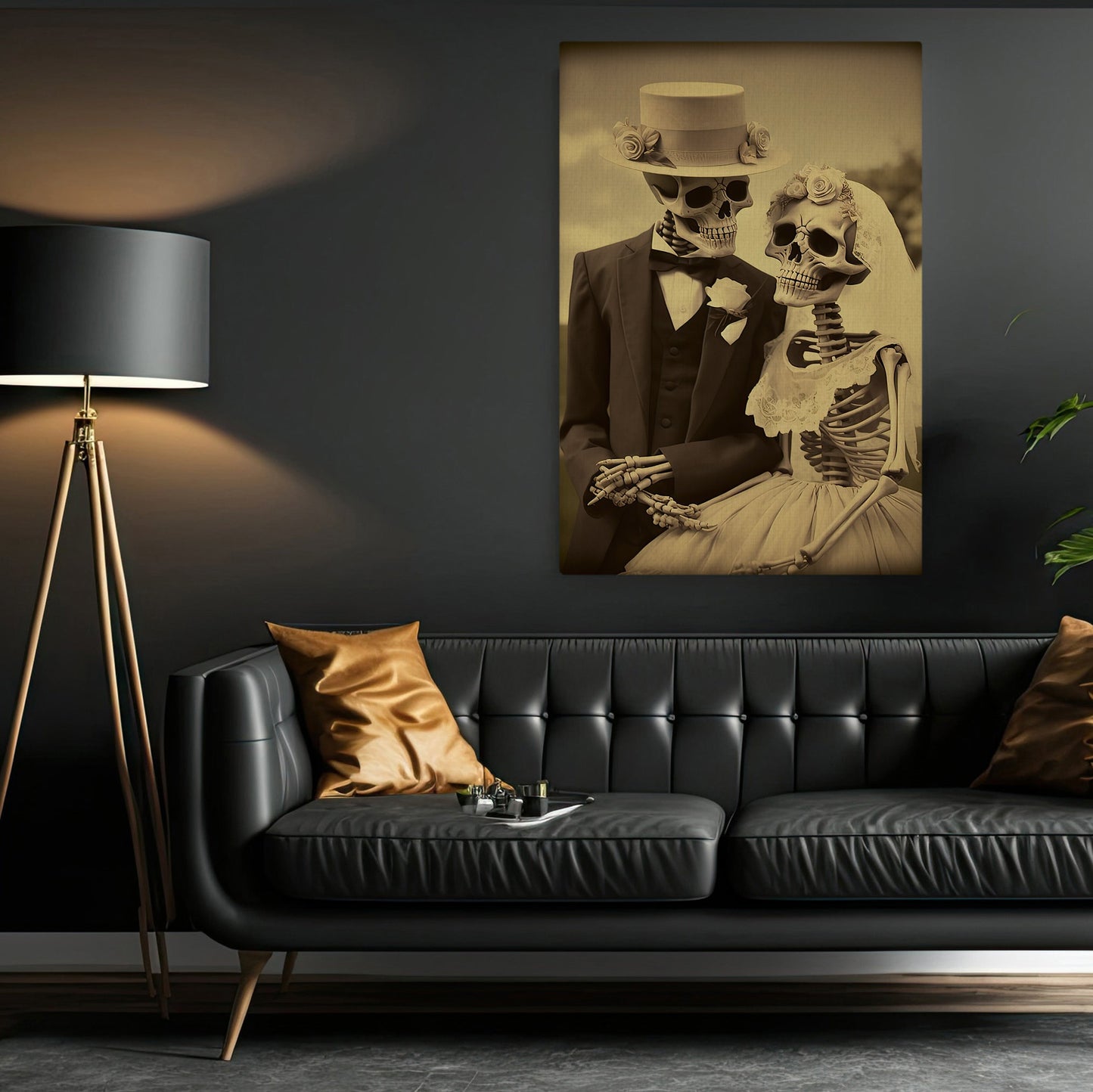 Classic Bride and Groom Skeleton, Couple Canvas Painting, Wall Art Decor - Love Skull Poster Gift