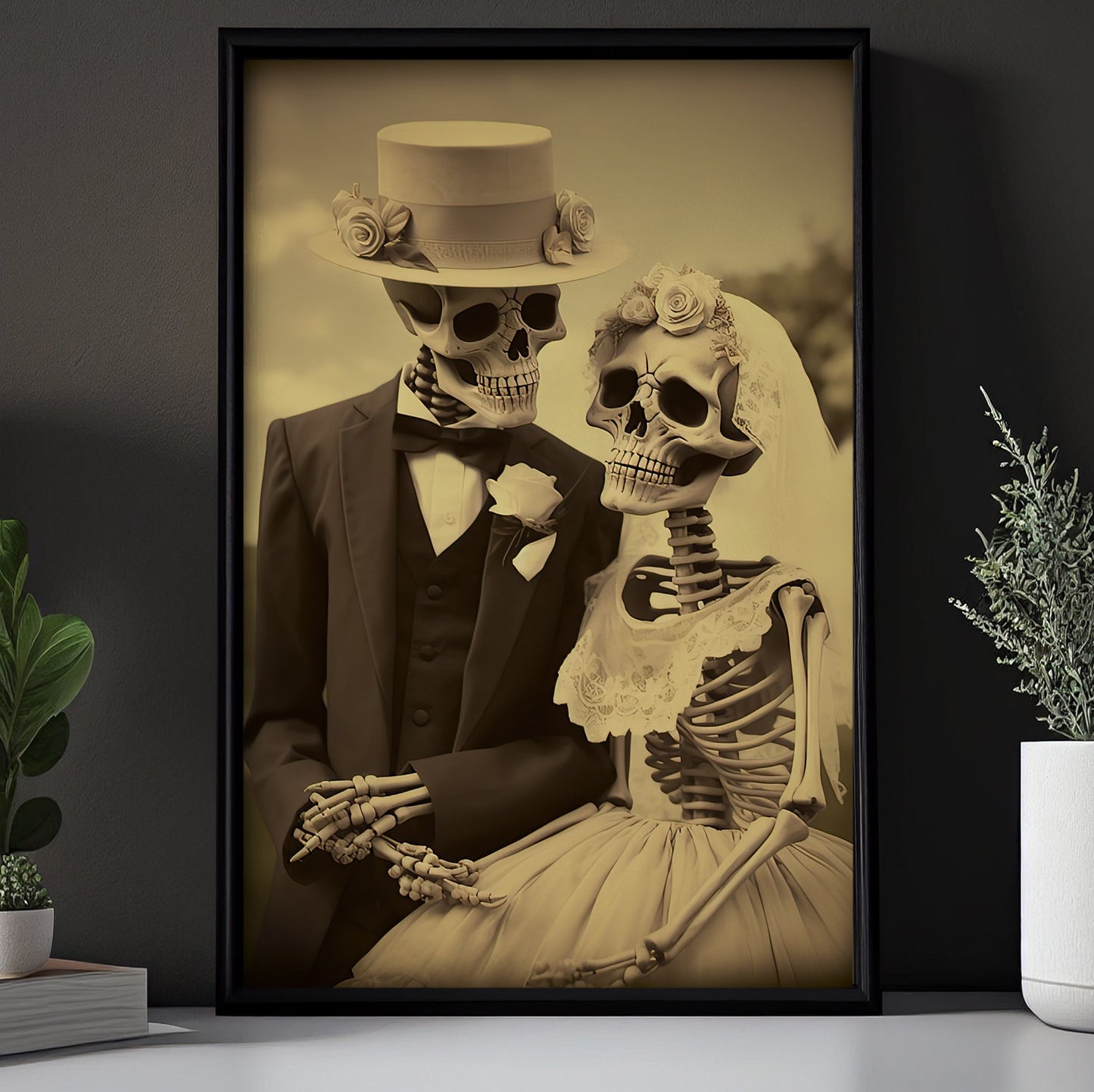 Classic Bride and Groom Skeleton, Couple Canvas Painting, Wall Art Decor - Love Skull Poster Gift