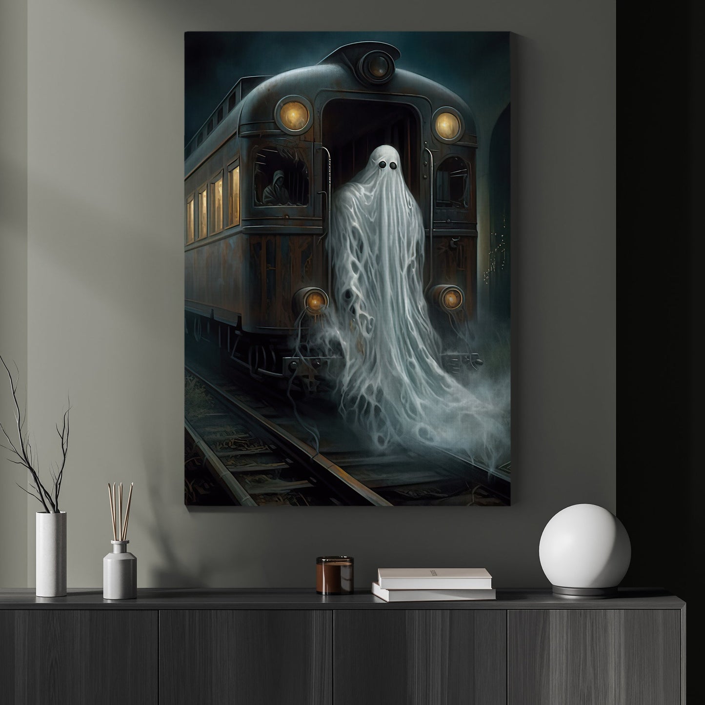 The Sad Ghost In The Train Gothic Halloween Canvas Painting, Wall Art Decor - Vintage Dark Ghost Halloween Poster Gift