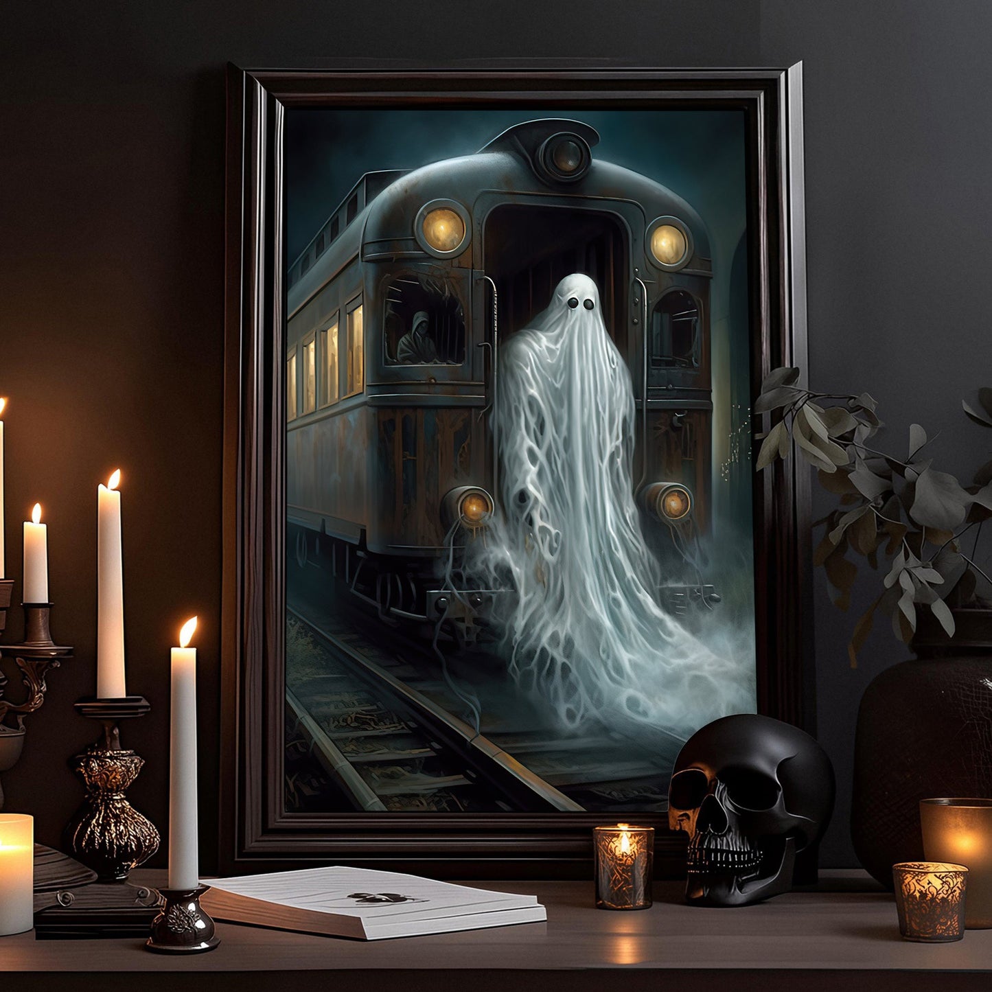 The Sad Ghost In The Train Gothic Halloween Canvas Painting, Wall Art Decor - Vintage Dark Ghost Halloween Poster Gift