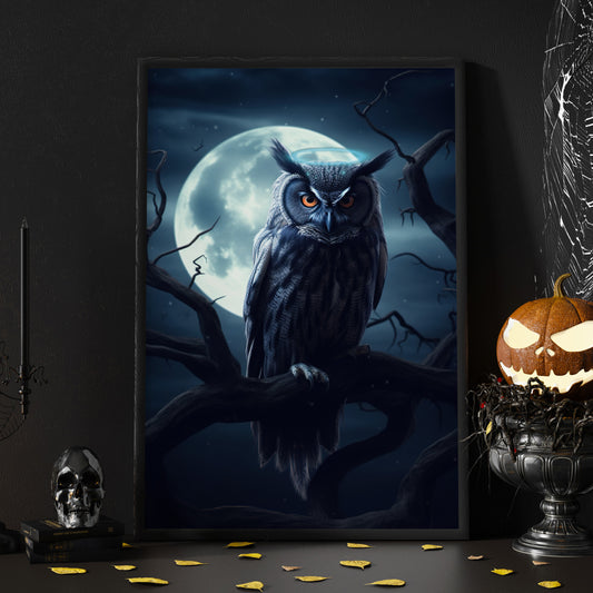 Black Owl Angel Moonlight Dark Canvas Art Print - Dark Surreal Owl Halloween Print Gift