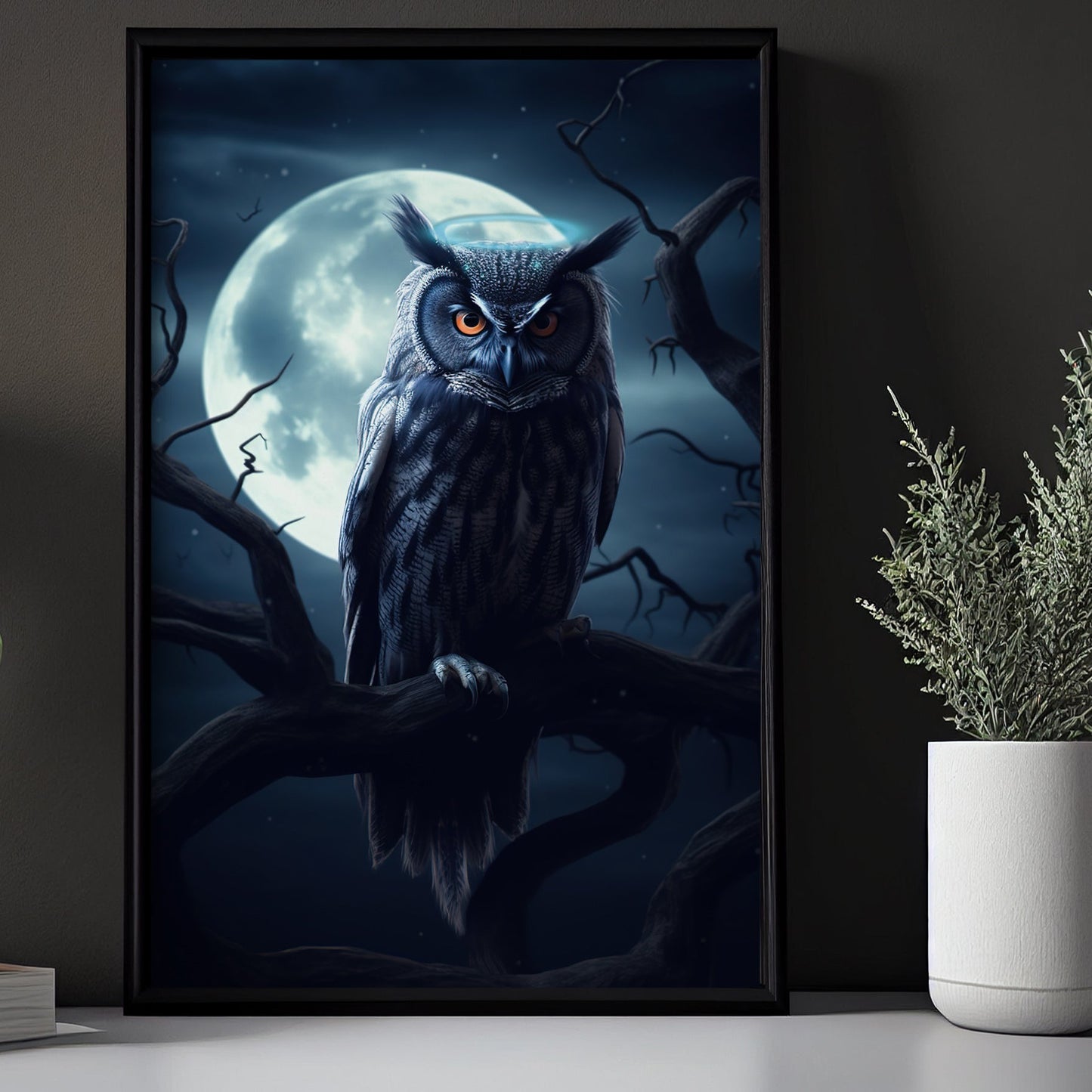 Black Owl Angel Moonlight Dark Canvas Art Print - Dark Surreal Owl Halloween Print Gift