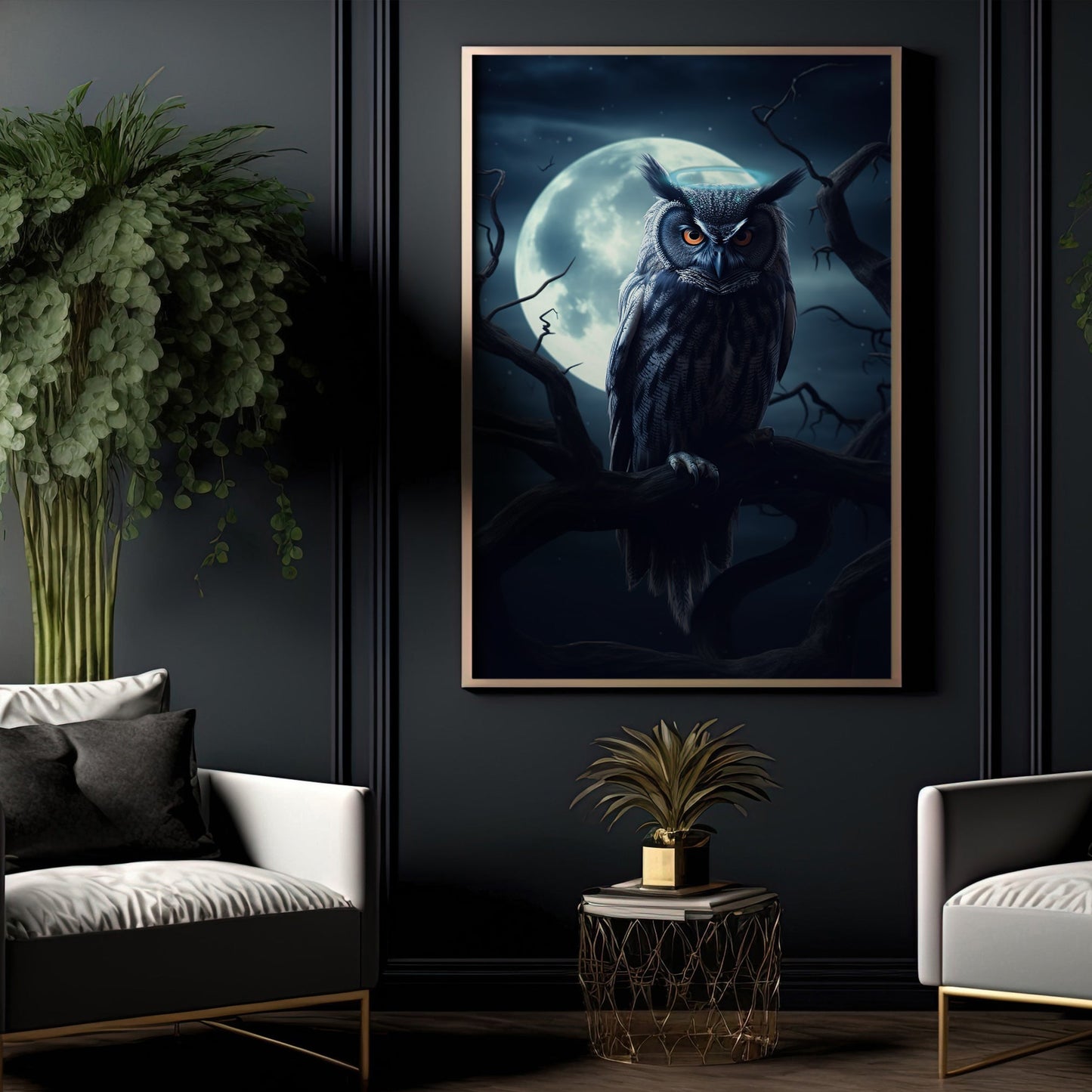 Black Owl Angel Moonlight Dark Canvas Art Print - Dark Surreal Owl Halloween Print Gift