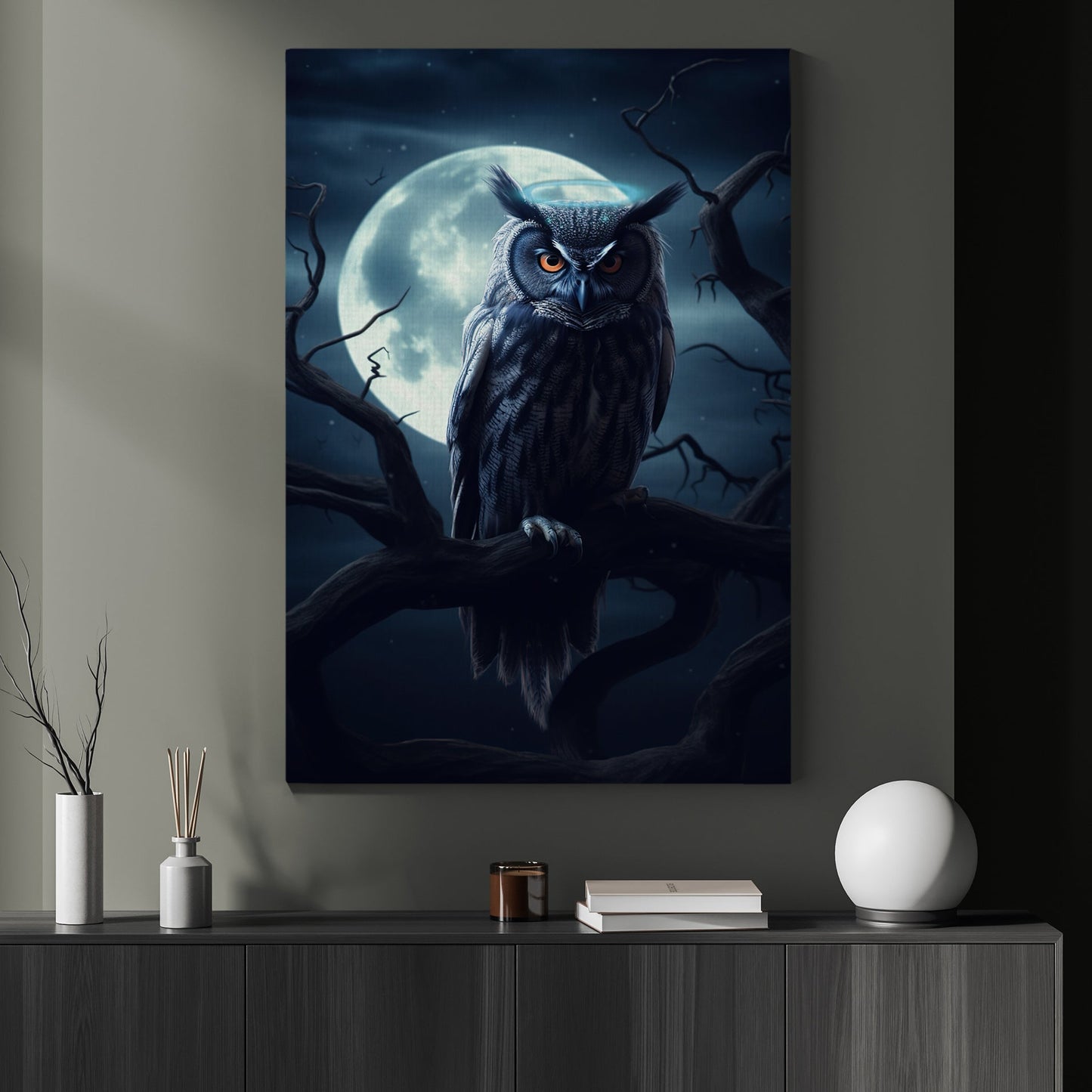 Black Owl Angel Moonlight Dark Canvas Art Print - Dark Surreal Owl Halloween Print Gift